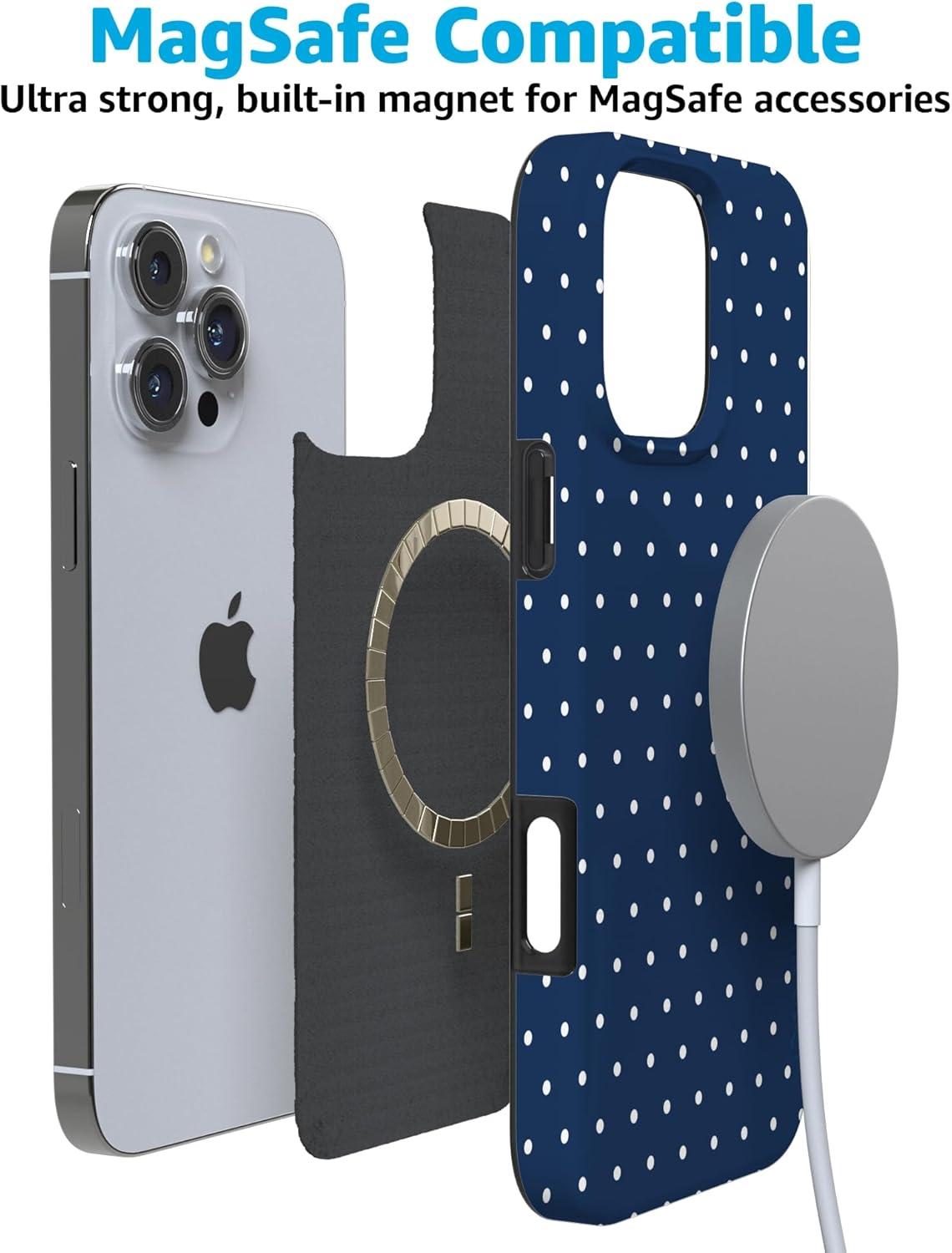 imageCasely iPhone 16 Pro Case  Glitter Mystic Moss  Green Enchanted Shimmer  Compatible with MagSafe  Classic UltraSlim Case DesignOn the Dot  Navy Polka Dot