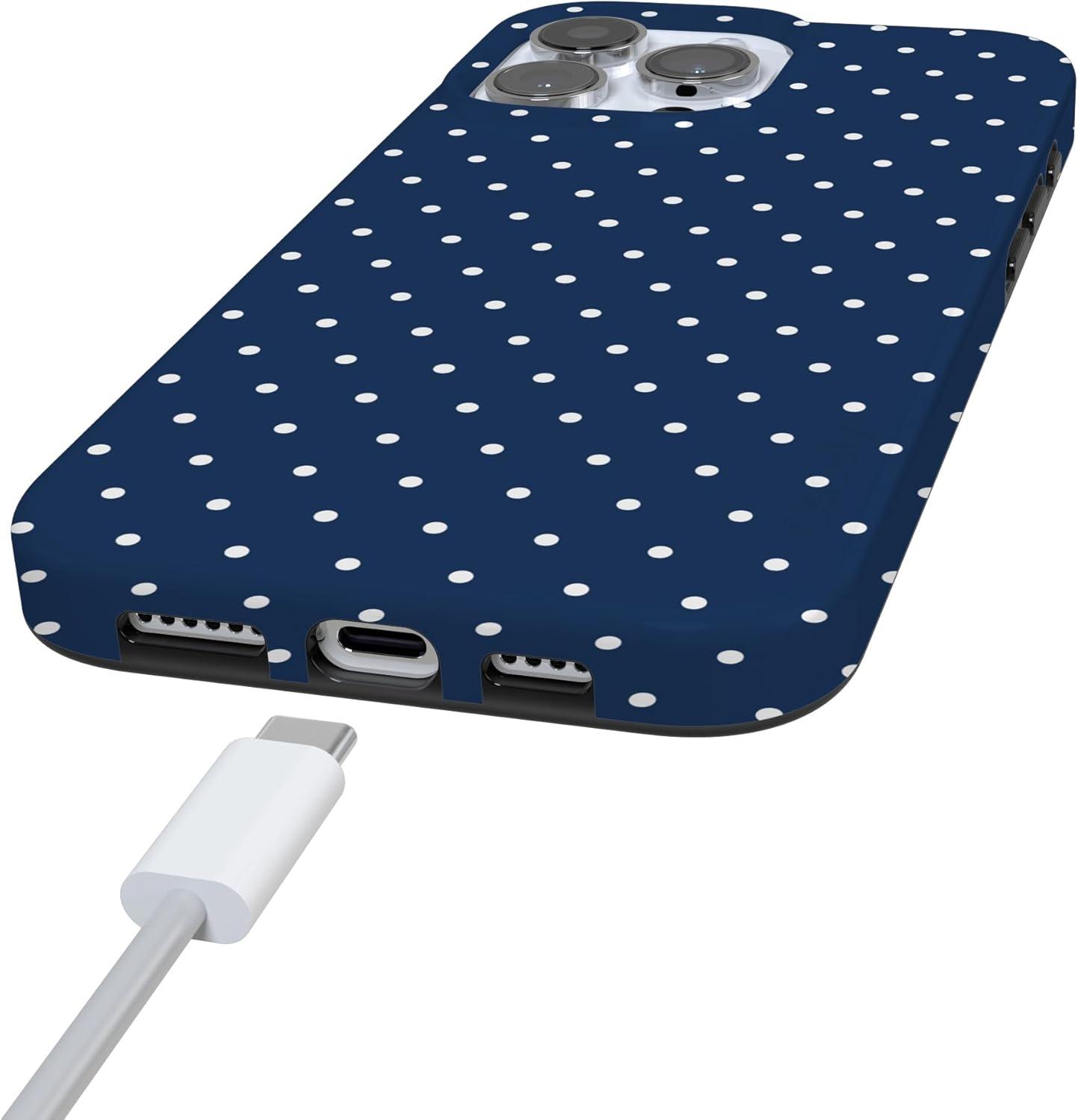 imageCasely iPhone 16 Pro Case  Glitter Mystic Moss  Green Enchanted Shimmer  Compatible with MagSafe  Classic UltraSlim Case DesignOn the Dot  Navy Polka Dot