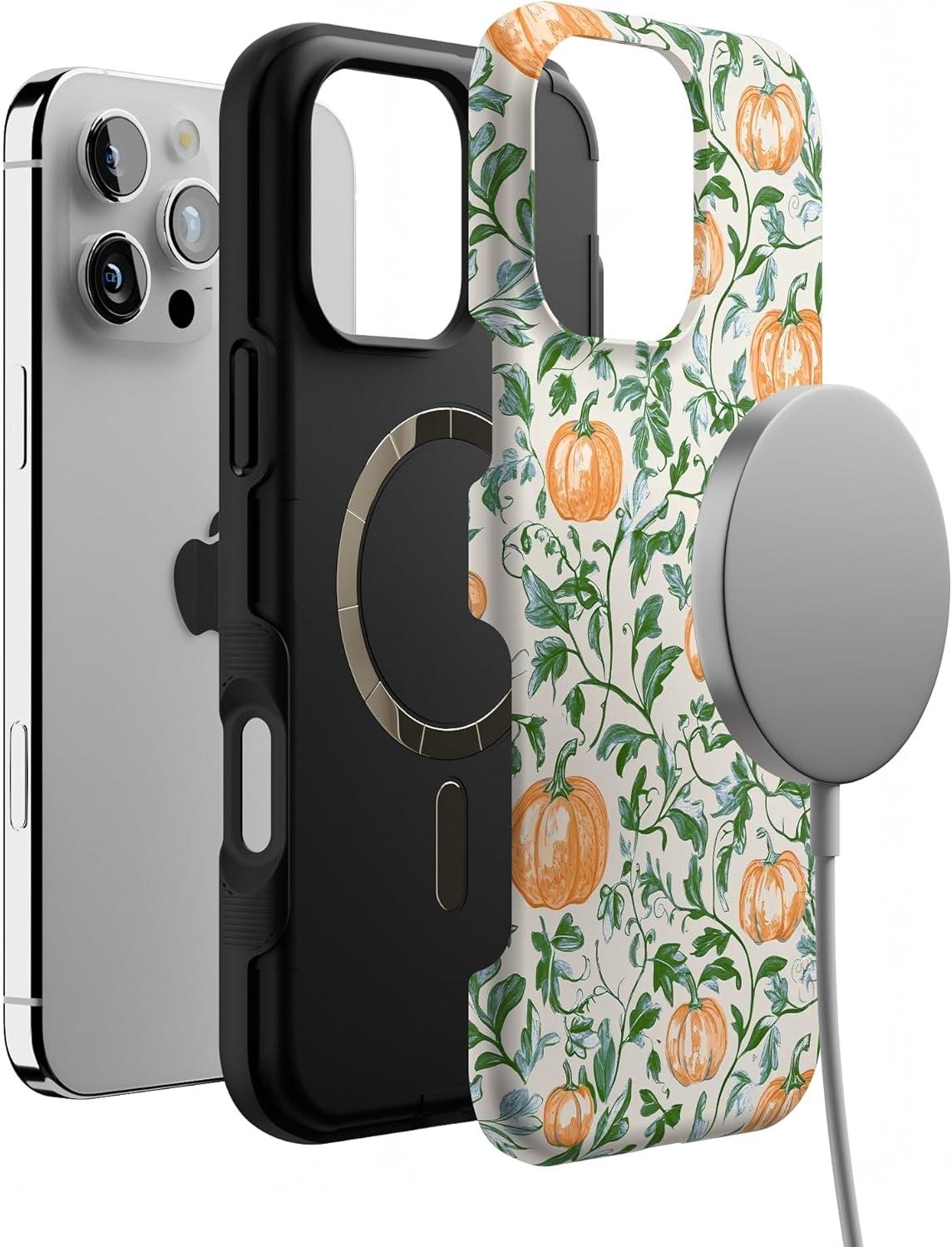 imageCasely iPhone 16 Pro Case  Pumpkin Patch  Green Vines  Compatible with MagSafe  Bold Protective Design