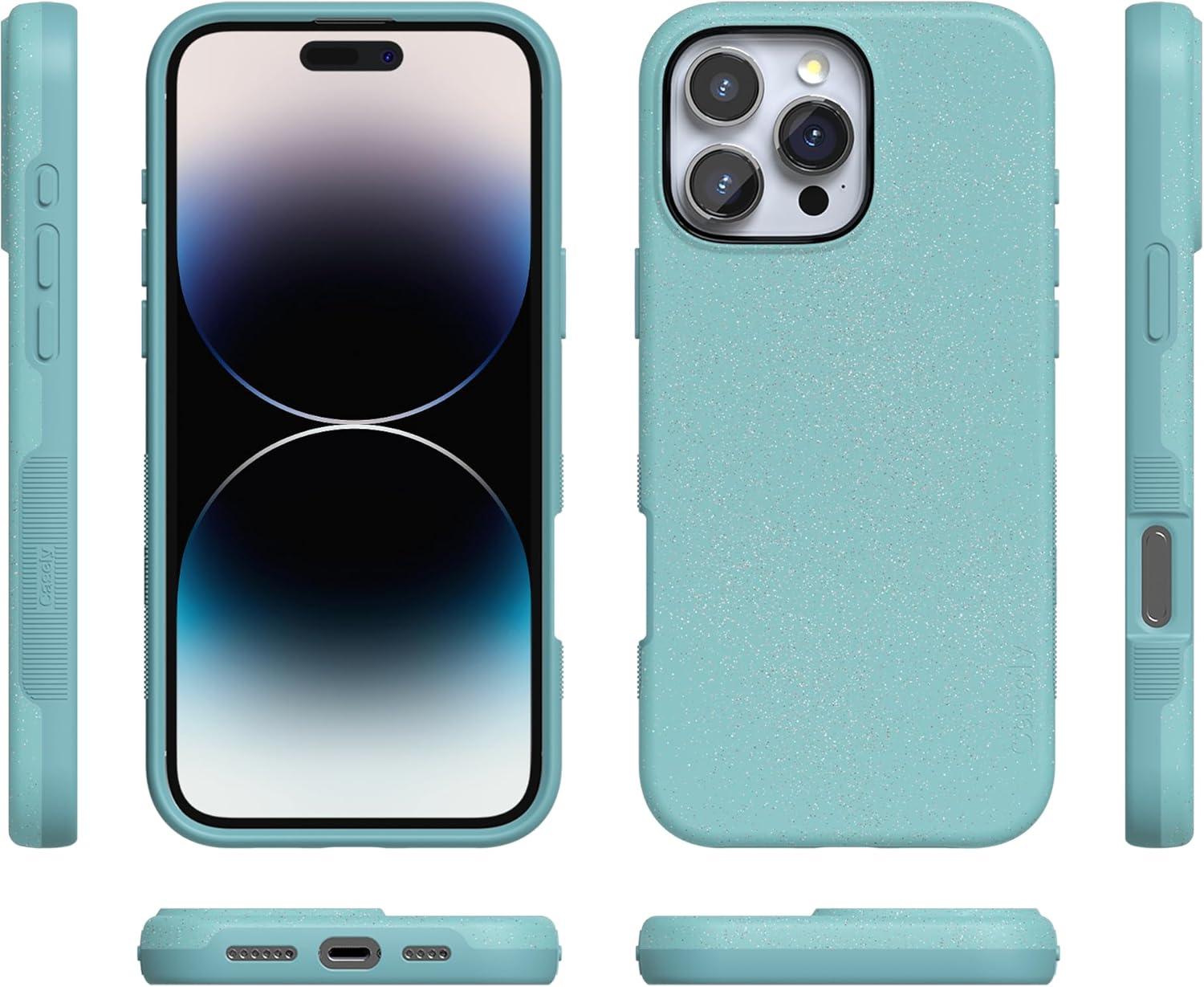 imageCasely iPhone 16 Pro Case  Ride The Wave  Pastel Rainbow Lined  Compatible with MagSafe  Bold Protective DesignAquamarine  Ocean Blue Shimmer