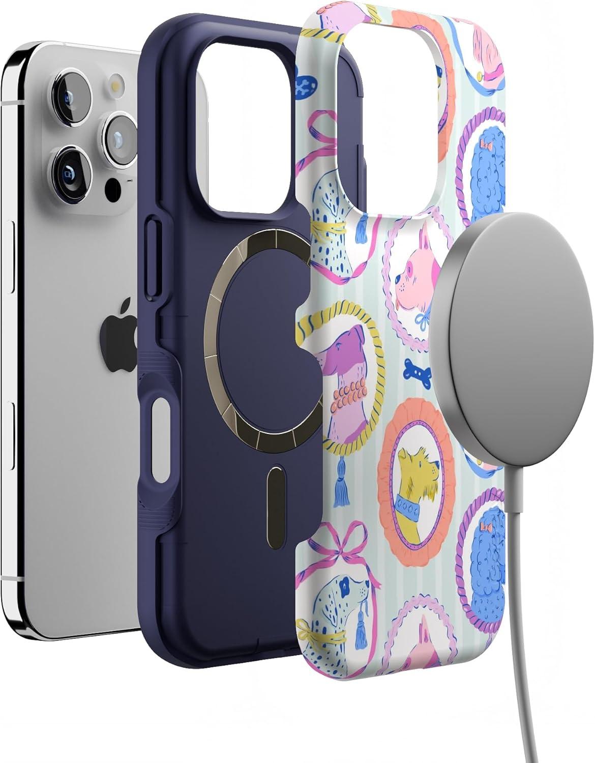 imageCasely iPhone 16 Pro Case  Ride The Wave  Pastel Rainbow Lined  Compatible with MagSafe  Bold Protective DesignChateau Pups  French Dog