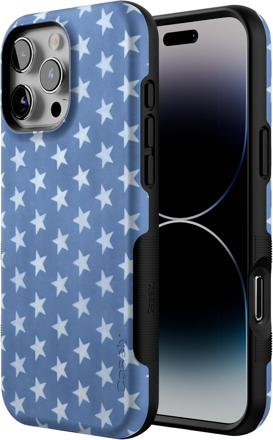 imageCasely iPhone 16 Pro Case  Ride The Wave  Pastel Rainbow Lined  Compatible with MagSafe  Bold Protective DesignCoastal Blues  Denim Stars