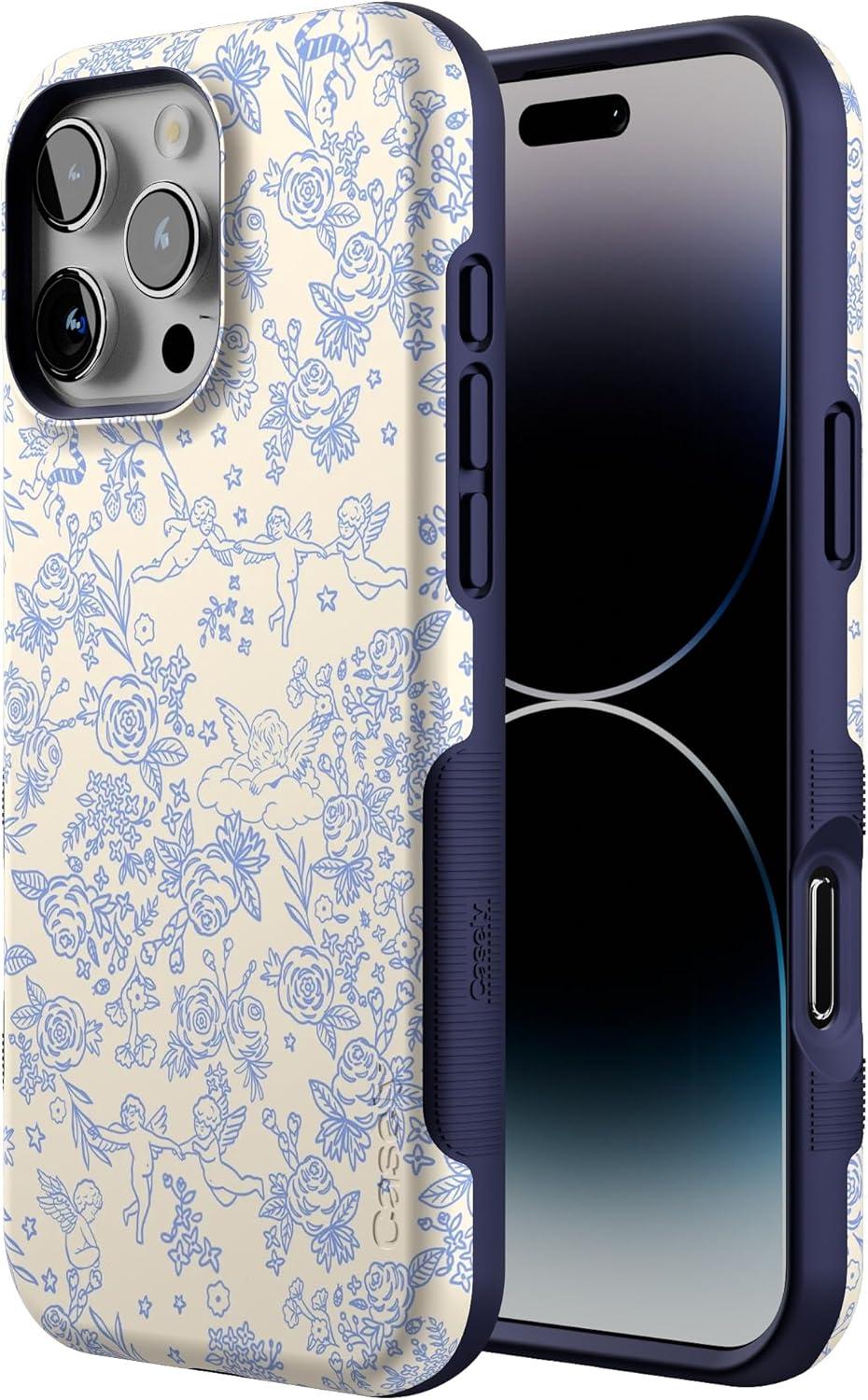 imageCasely iPhone 16 Pro Case  Ride The Wave  Pastel Rainbow Lined  Compatible with MagSafe  Bold Protective DesignCupids Canvas  Periwinkle Floral