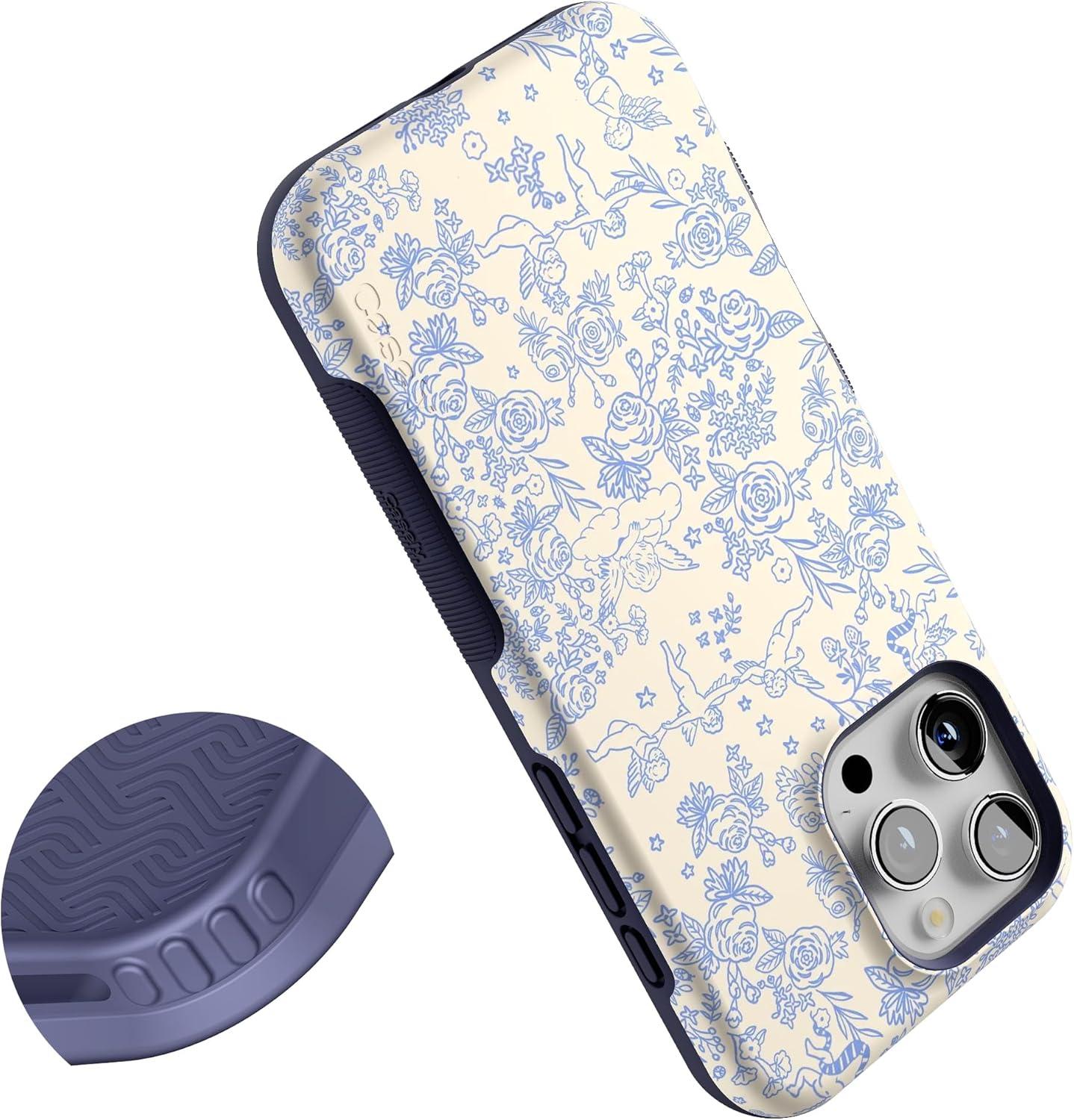 imageCasely iPhone 16 Pro Case  Ride The Wave  Pastel Rainbow Lined  Compatible with MagSafe  Bold Protective DesignCupids Canvas  Periwinkle Floral