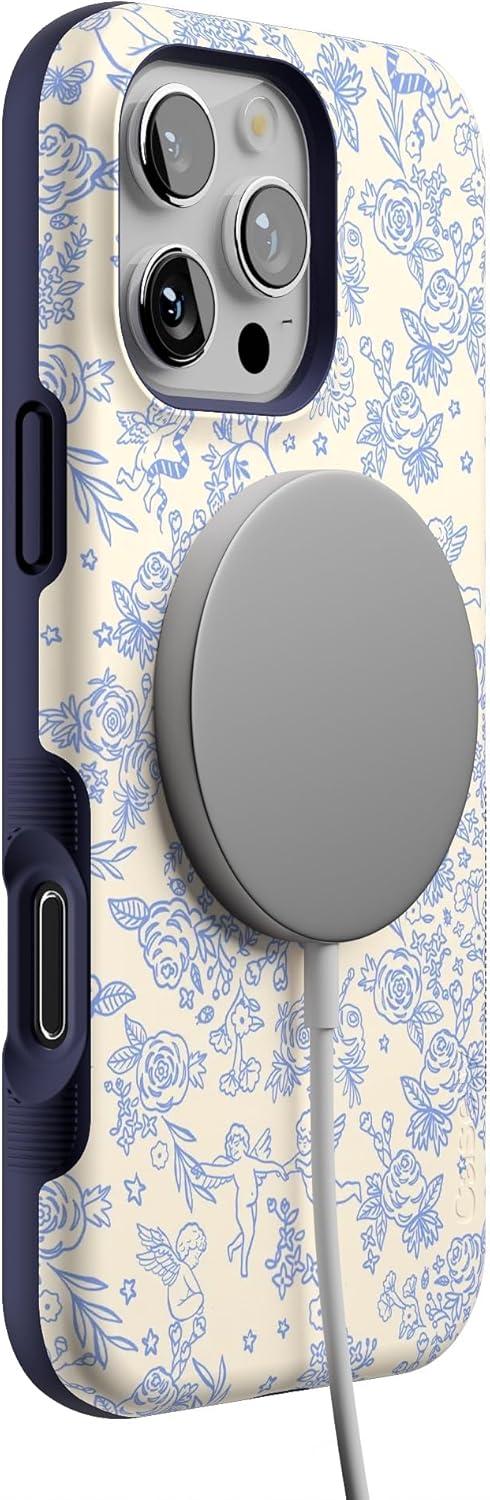 imageCasely iPhone 16 Pro Case  Ride The Wave  Pastel Rainbow Lined  Compatible with MagSafe  Bold Protective DesignCupids Canvas  Periwinkle Floral