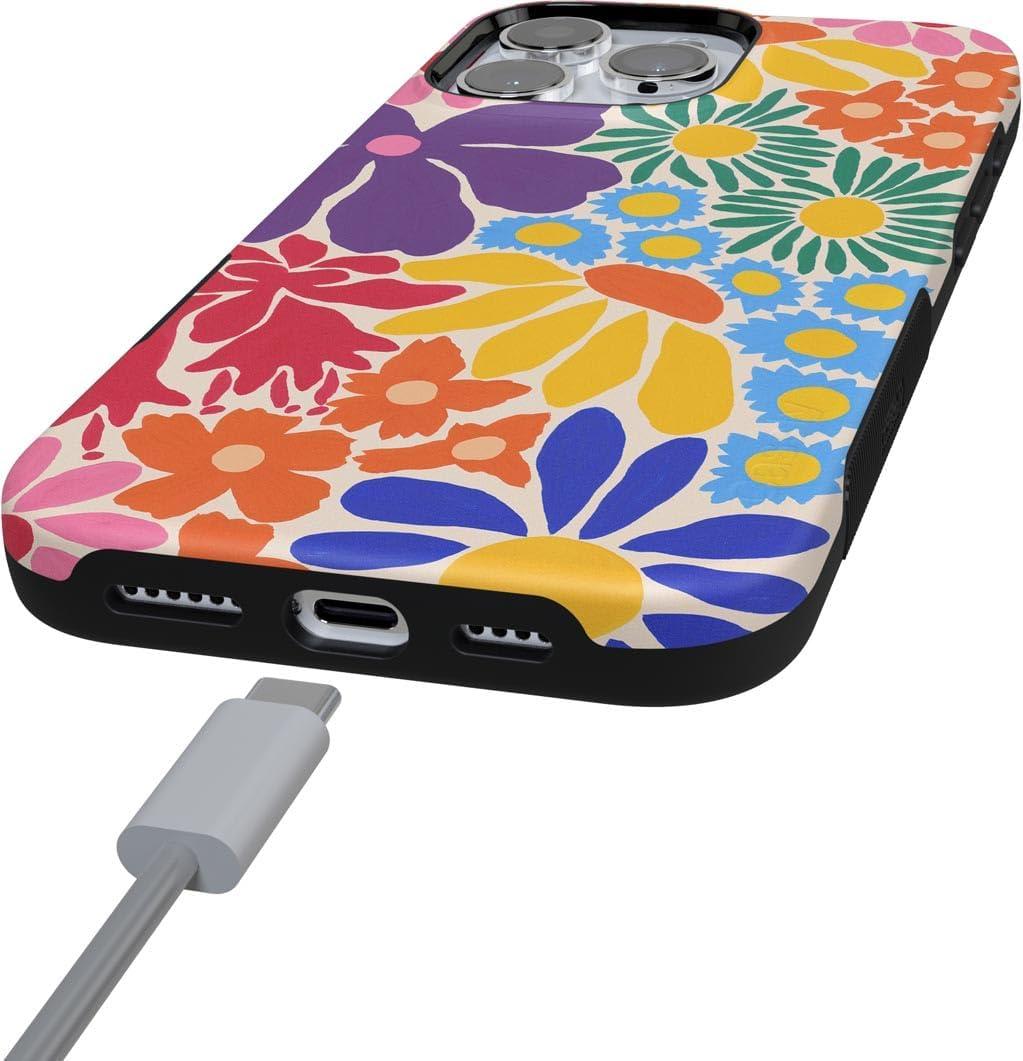 imageCasely iPhone 16 Pro Case  Ride The Wave  Pastel Rainbow Lined  Compatible with MagSafe  Bold Protective DesignFlower Patch  MultiColor Floral