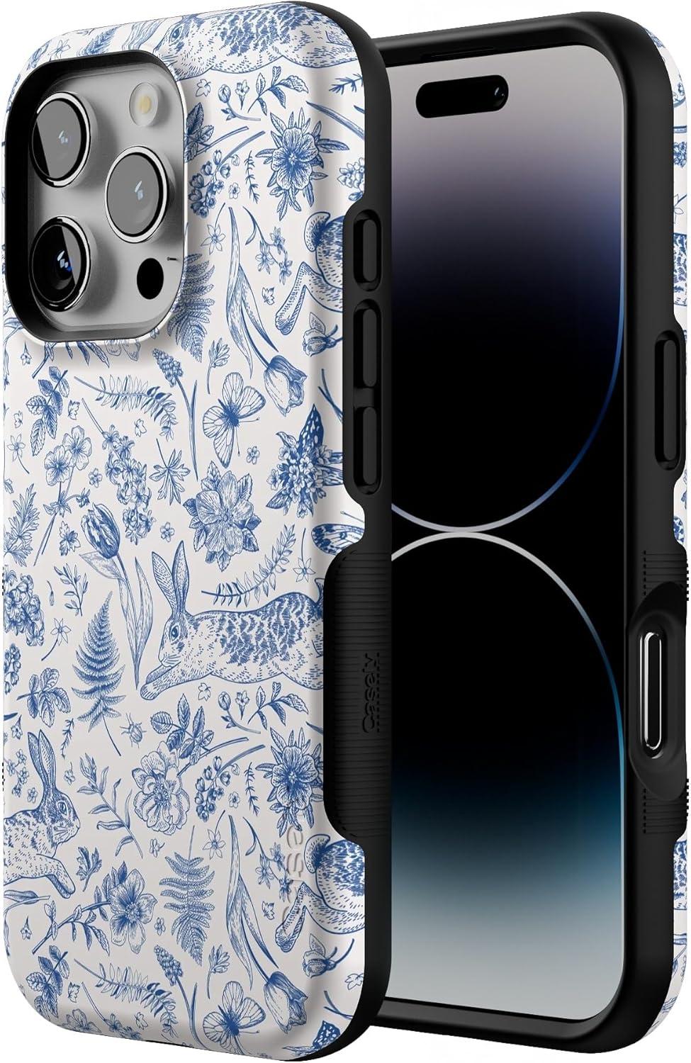 imageCasely iPhone 16 Pro Case  Ride The Wave  Pastel Rainbow Lined  Compatible with MagSafe  Bold Protective DesignHop  Bloom  Bunny Toile