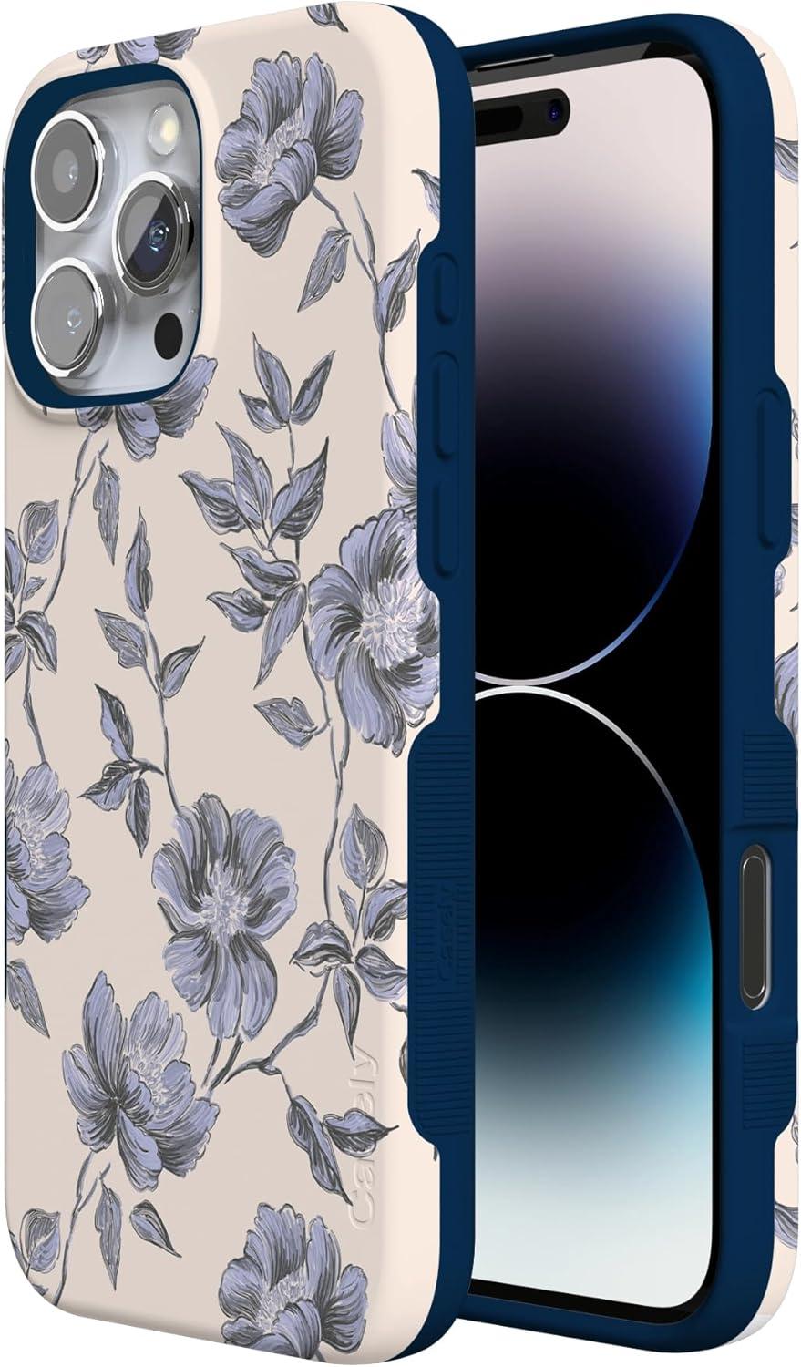 imageCasely iPhone 16 Pro Case  Ride The Wave  Pastel Rainbow Lined  Compatible with MagSafe  Bold Protective DesignInk  Iris  Vintage Floral