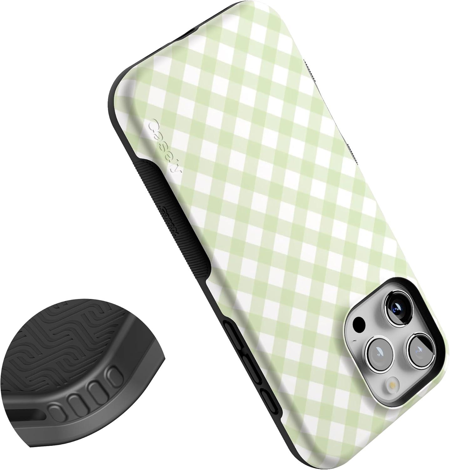 imageCasely iPhone 16 Pro Case  Ride The Wave  Pastel Rainbow Lined  Compatible with MagSafe  Bold Protective DesignMint Lattice  Sunday Best  Green Gingham