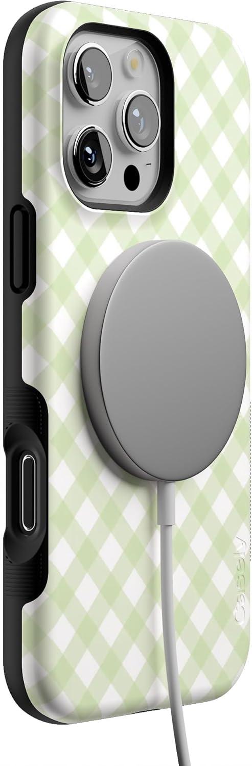 imageCasely iPhone 16 Pro Case  Ride The Wave  Pastel Rainbow Lined  Compatible with MagSafe  Bold Protective DesignMint Lattice  Sunday Best  Green Gingham