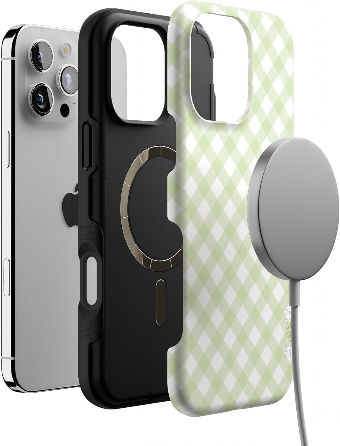 imageCasely iPhone 16 Pro Case  Ride The Wave  Pastel Rainbow Lined  Compatible with MagSafe  Bold Protective DesignMint Lattice  Sunday Best  Green Gingham
