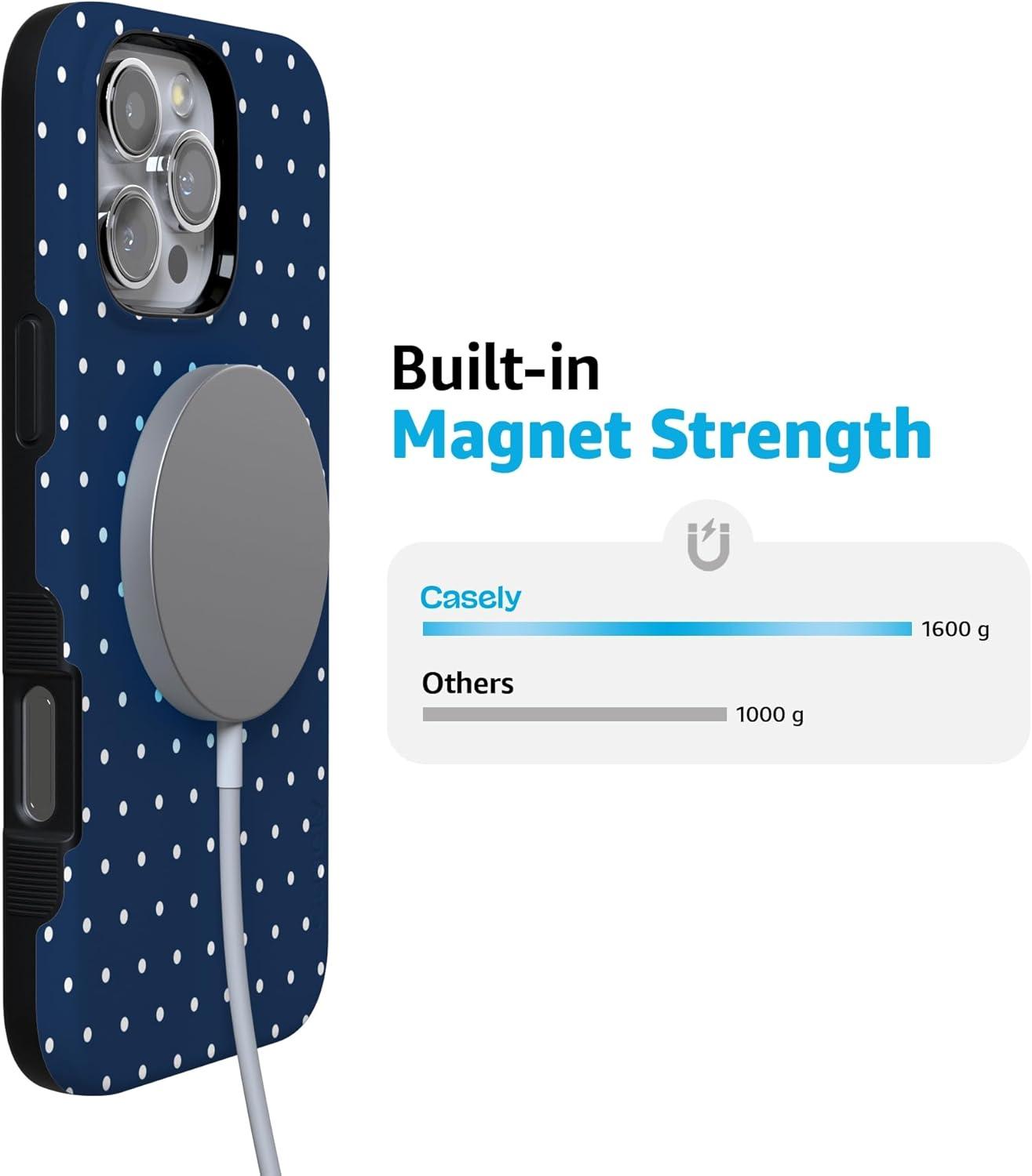 imageCasely iPhone 16 Pro Case  Ride The Wave  Pastel Rainbow Lined  Compatible with MagSafe  Bold Protective DesignOn the Dot  Navy Polka Dot