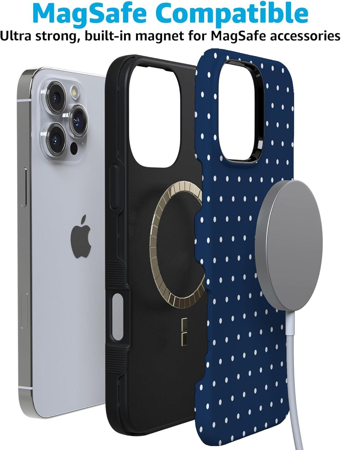 imageCasely iPhone 16 Pro Case  Ride The Wave  Pastel Rainbow Lined  Compatible with MagSafe  Bold Protective DesignOn the Dot  Navy Polka Dot