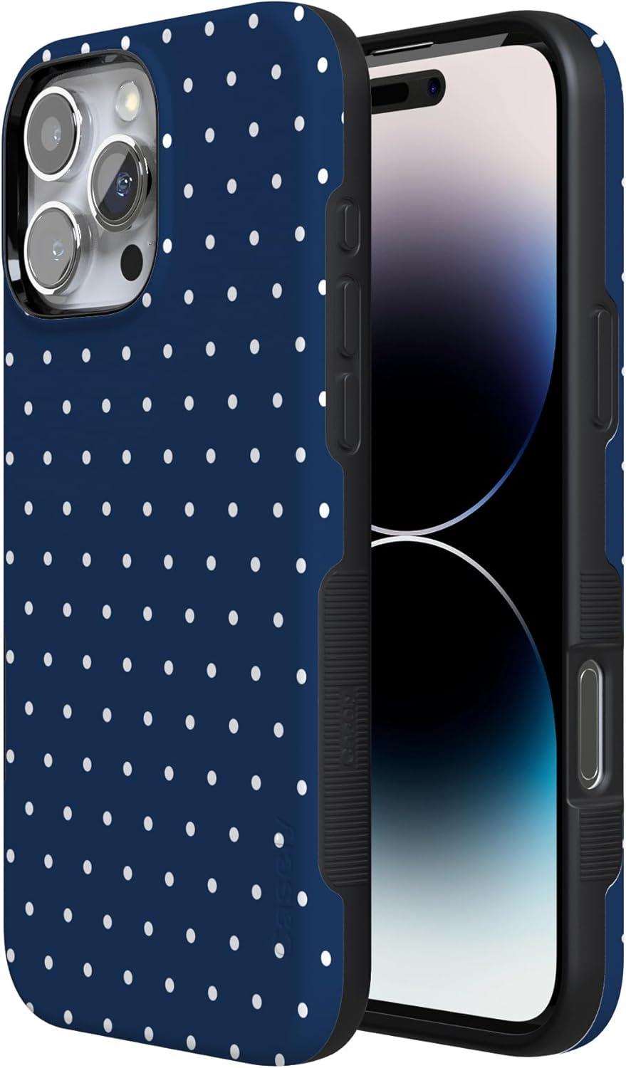 imageCasely iPhone 16 Pro Case  Ride The Wave  Pastel Rainbow Lined  Compatible with MagSafe  Bold Protective DesignOn the Dot  Navy Polka Dot