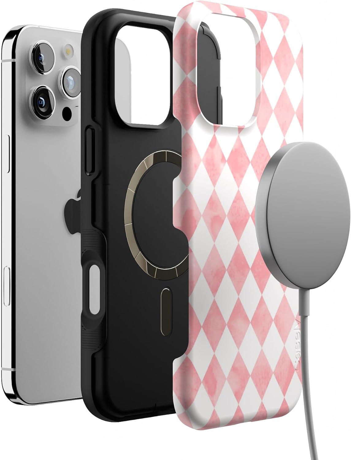 imageCasely iPhone 16 Pro Case  Ride The Wave  Pastel Rainbow Lined  Compatible with MagSafe  Bold Protective DesignQueen of Diamonds  Pink Watercolor