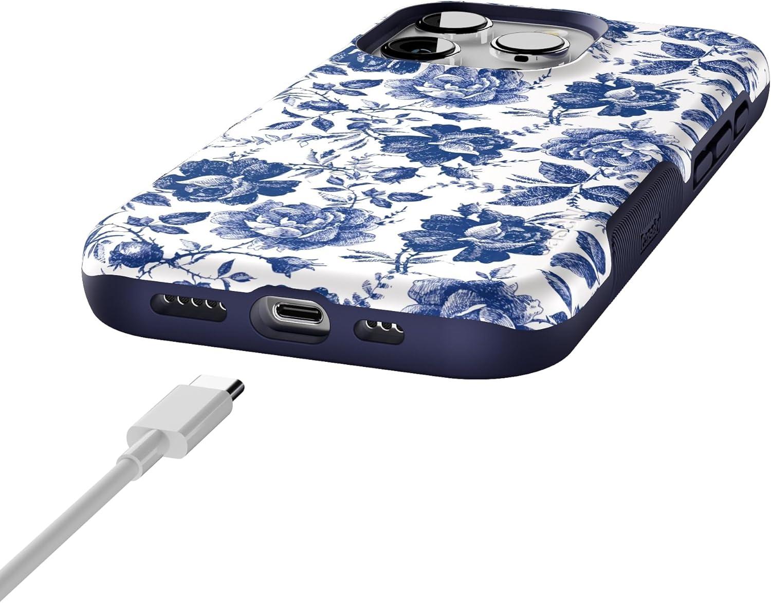 imageCasely iPhone 16 Pro Case  Ride The Wave  Pastel Rainbow Lined  Compatible with MagSafe  Bold Protective DesignRose to Fame  Blue  White Rose Floral