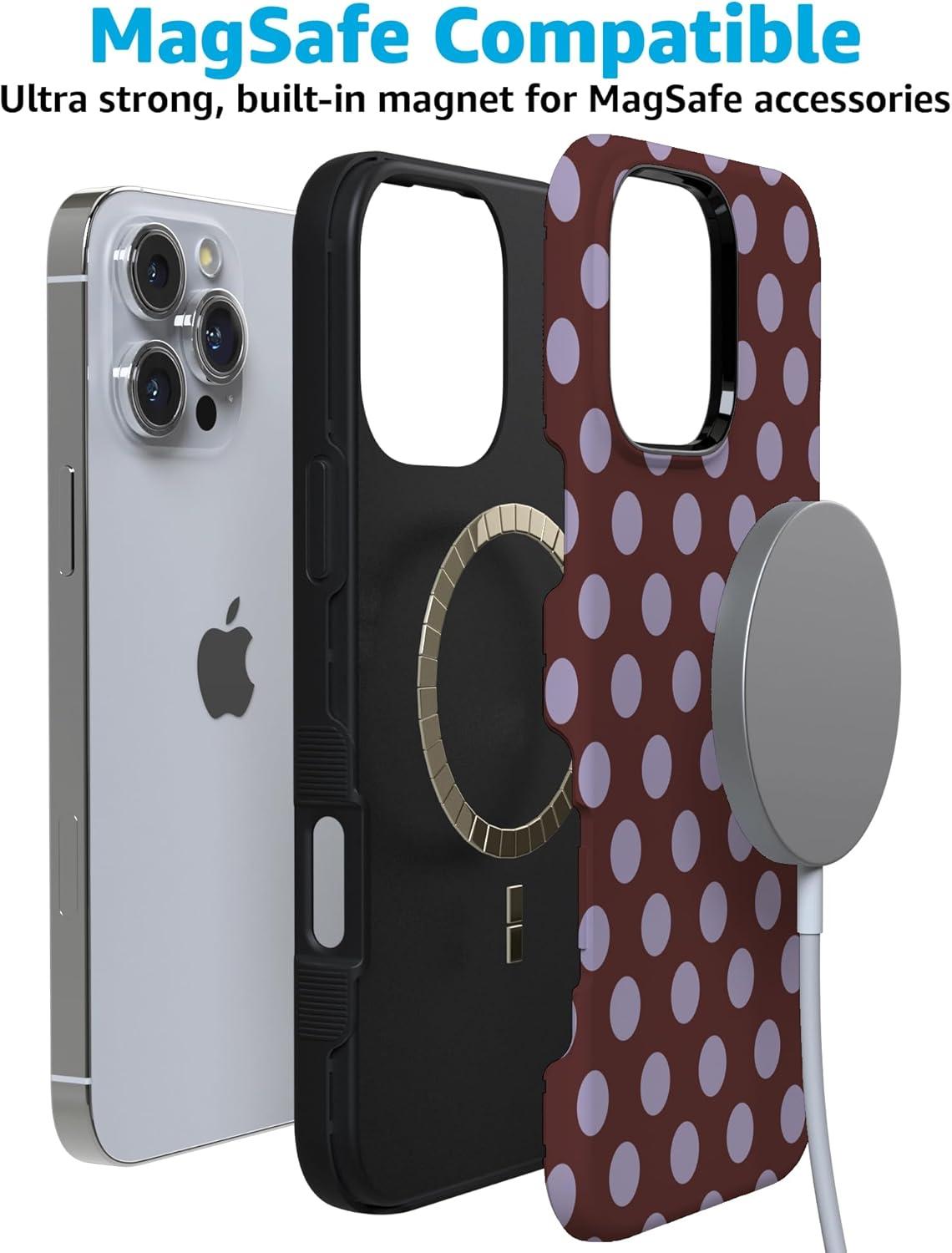 imageCasely iPhone 16 Pro Case  Ride The Wave  Pastel Rainbow Lined  Compatible with MagSafe  Bold Protective DesignSpotted in SoHo  Burgundy Polka Dot