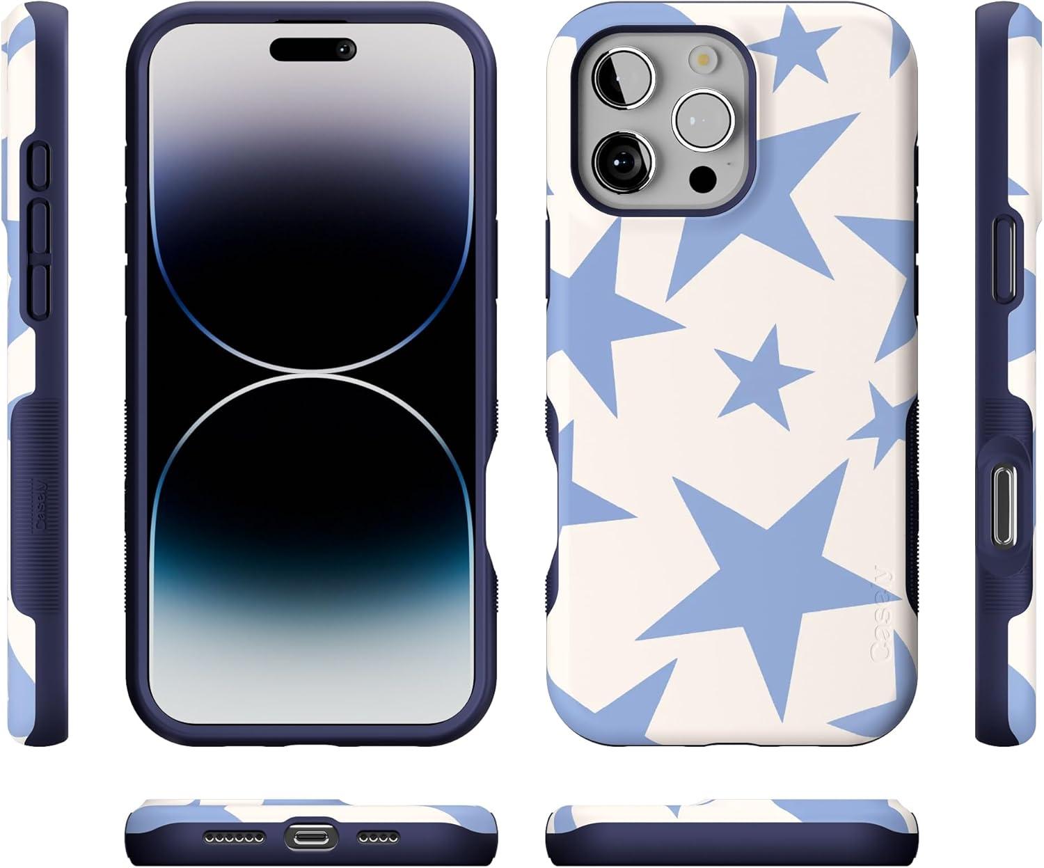 imageCasely iPhone 16 Pro Case  Ride The Wave  Pastel Rainbow Lined  Compatible with MagSafe  Bold Protective DesignStars Align  Blue  White Stars