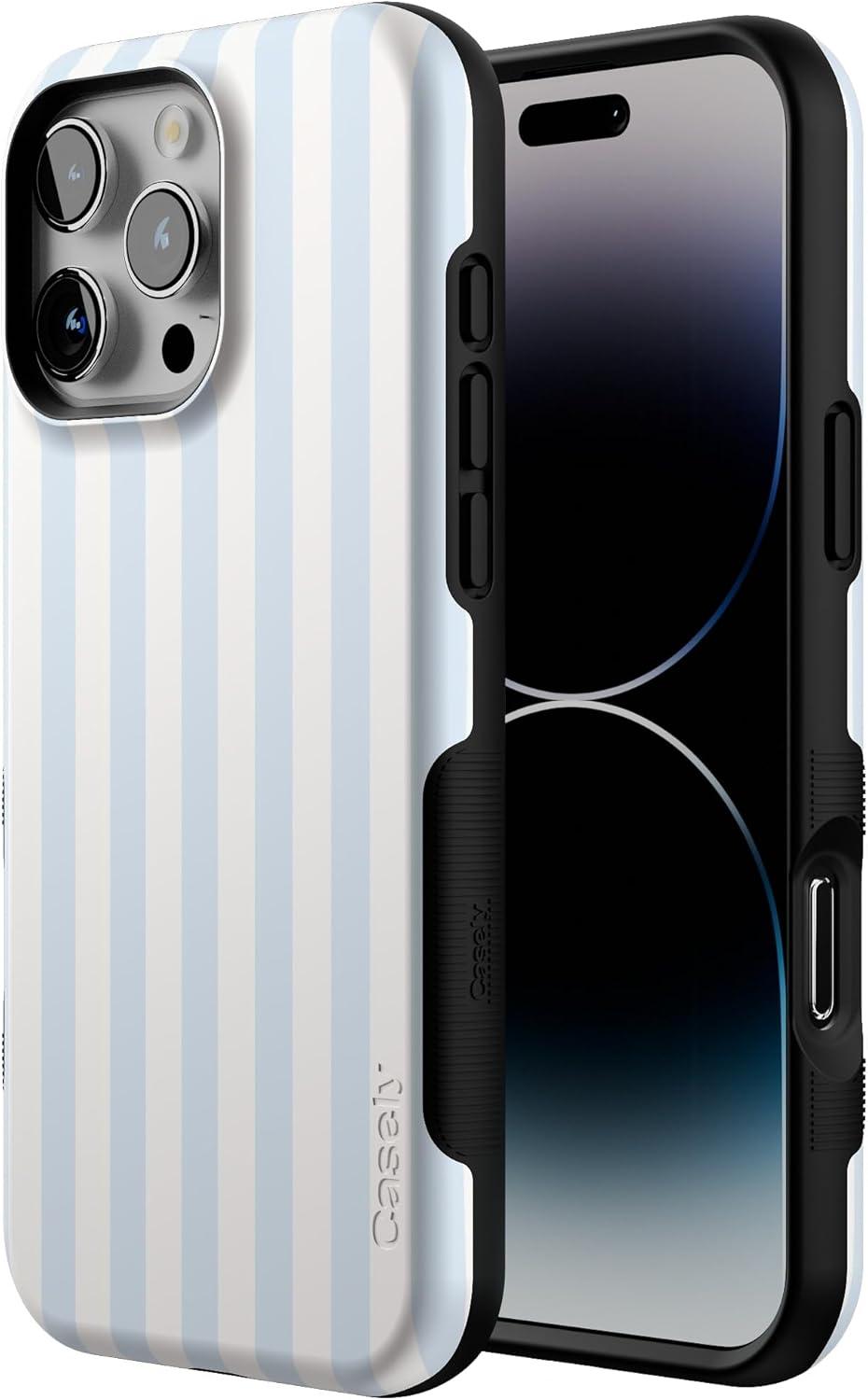 imageCasely iPhone 16 Pro Case  Ride The Wave  Pastel Rainbow Lined  Compatible with MagSafe  Bold Protective DesignSunday Best  Blue Stripes