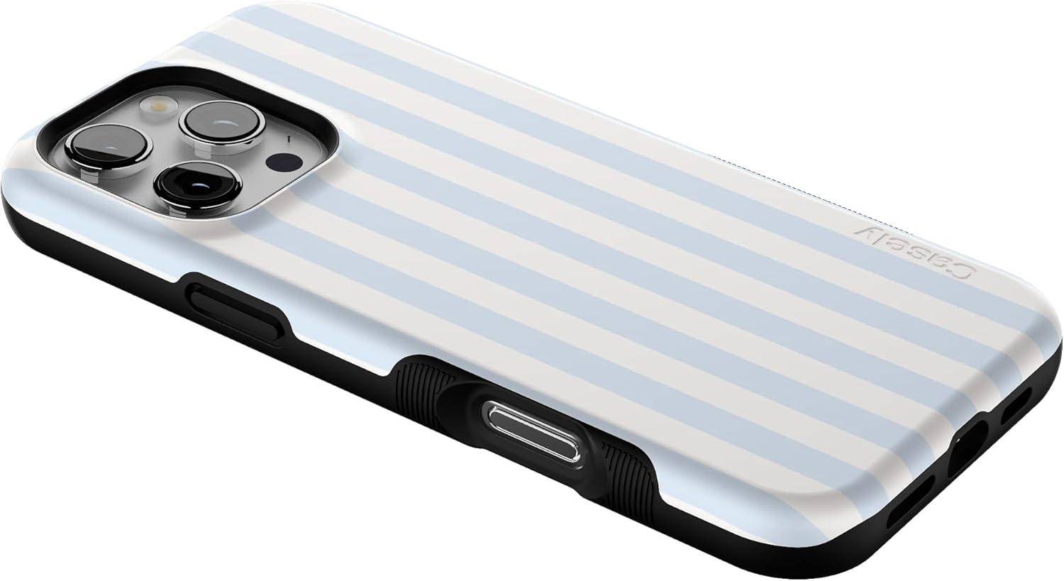 imageCasely iPhone 16 Pro Case  Ride The Wave  Pastel Rainbow Lined  Compatible with MagSafe  Bold Protective DesignSunday Best  Blue Stripes