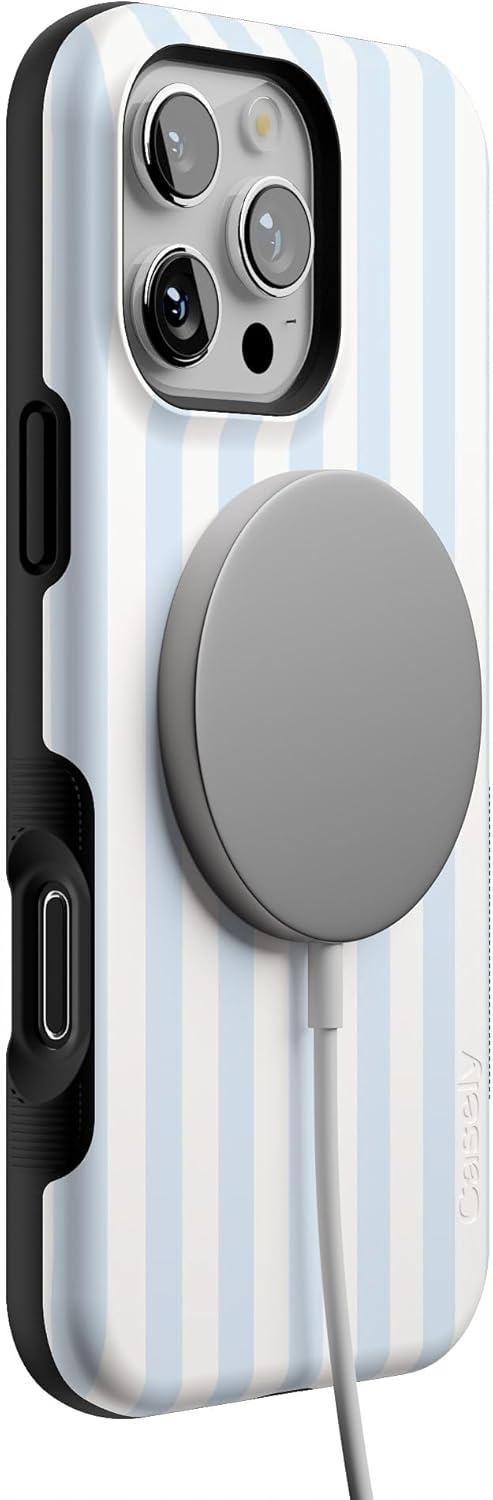 imageCasely iPhone 16 Pro Case  Ride The Wave  Pastel Rainbow Lined  Compatible with MagSafe  Bold Protective DesignSunday Best  Blue Stripes