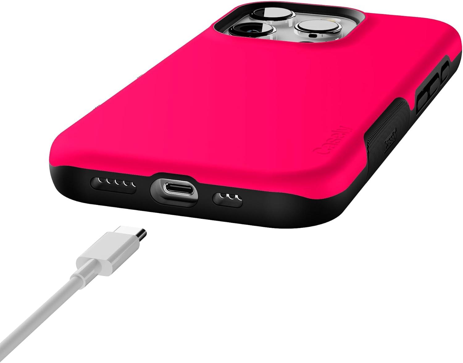 imageCasely iPhone 16 Pro Case  Ride The Wave  Pastel Rainbow Lined  Compatible with MagSafe  Bold Protective DesignThink Pink  Solid Neon Pink