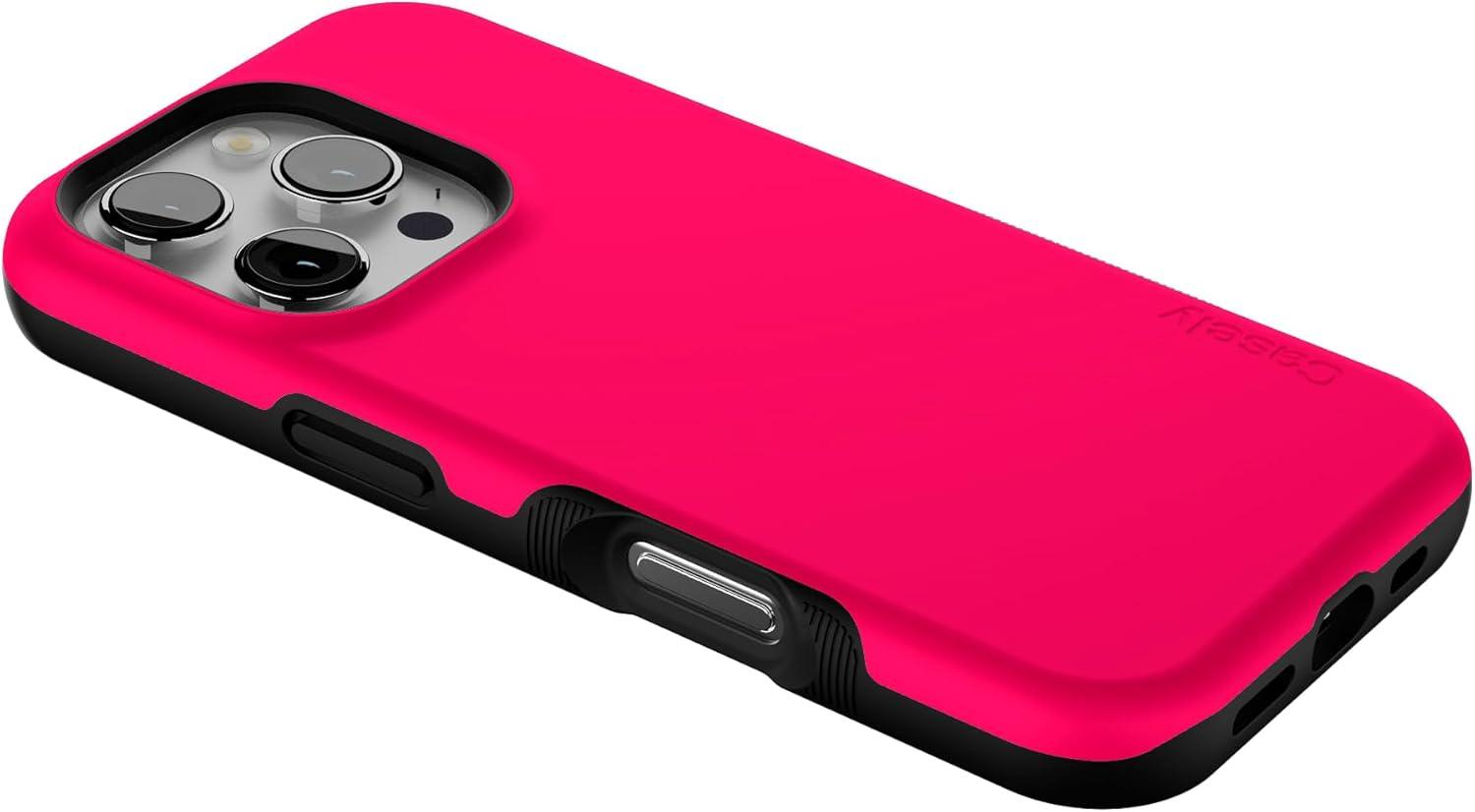 imageCasely iPhone 16 Pro Case  Ride The Wave  Pastel Rainbow Lined  Compatible with MagSafe  Bold Protective DesignThink Pink  Solid Neon Pink