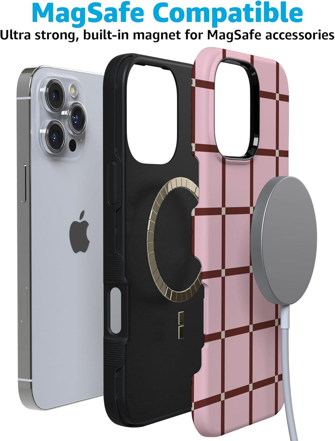 imageCasely iPhone 16 Pro Case  Ride The Wave  Pastel Rainbow Lined  Compatible with MagSafe  Bold Protective DesignUptown Gridlock  Pink Checkerboard