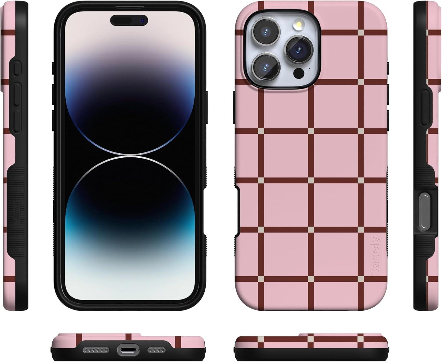 imageCasely iPhone 16 Pro Case  Ride The Wave  Pastel Rainbow Lined  Compatible with MagSafe  Bold Protective DesignUptown Gridlock  Pink Checkerboard