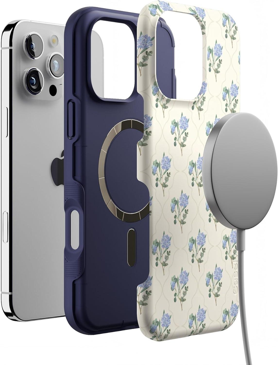 imageCasely iPhone 16 Pro Case  Ride The Wave  Pastel Rainbow Lined  Compatible with MagSafe  Bold Protective DesignVintage Garden  Blue Hydrangea