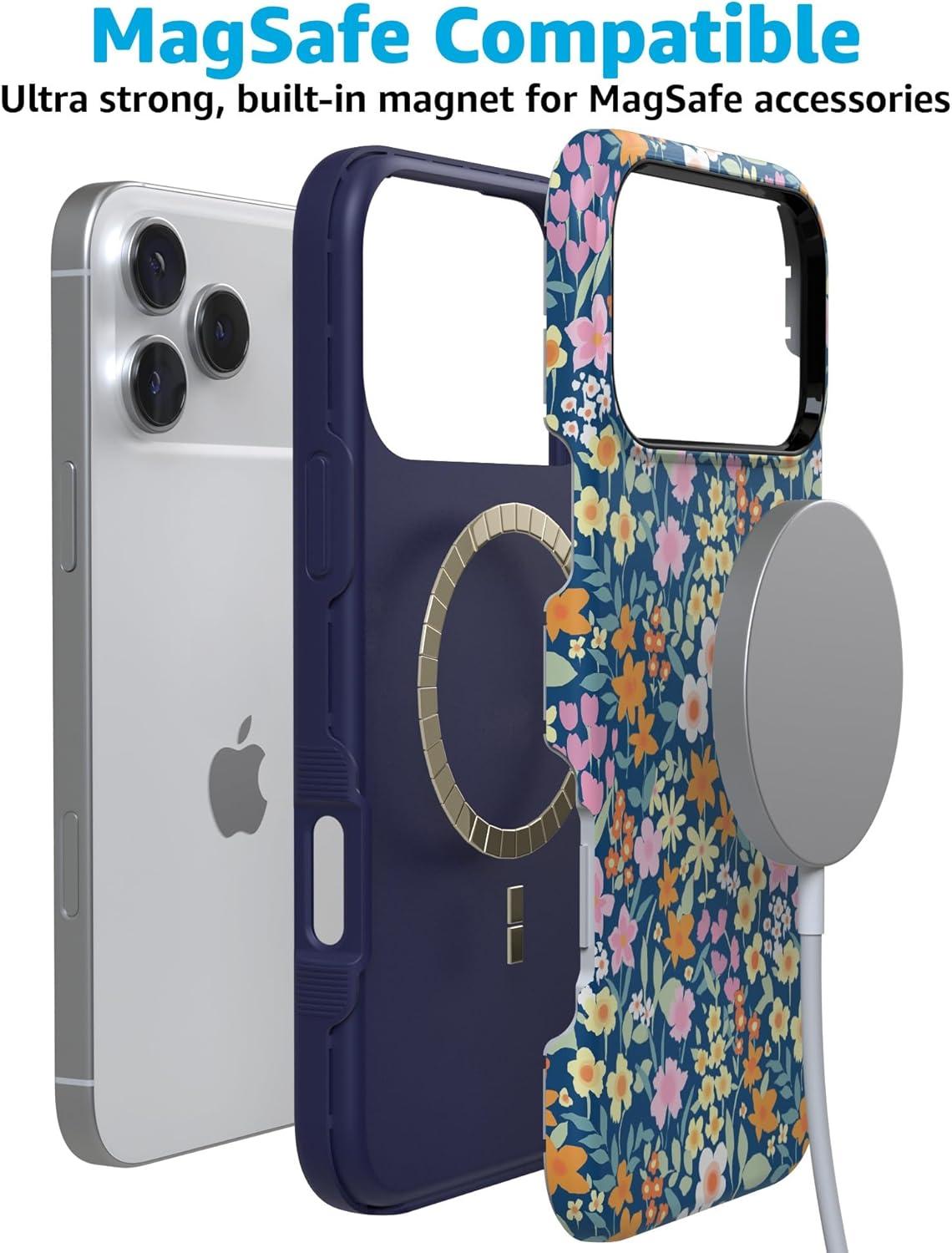 imageCasely iPhone 17 Pro Max Case  Be Mine  Tiny Hearts  Compatible with MagSafe  Bold Protective DesignFull Bloom  Navy Flower Fields