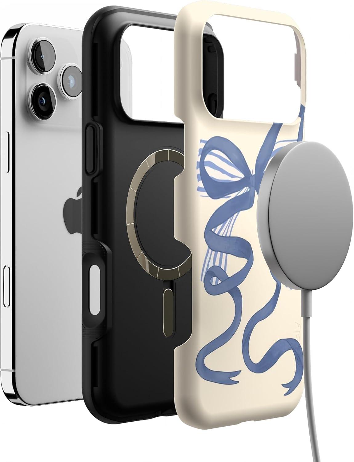 imageCasely iPhone 17 Pro Max Case  Be Mine  Tiny Hearts  Compatible with MagSafe  Bold Protective DesignHeartstrings  Blue Bow