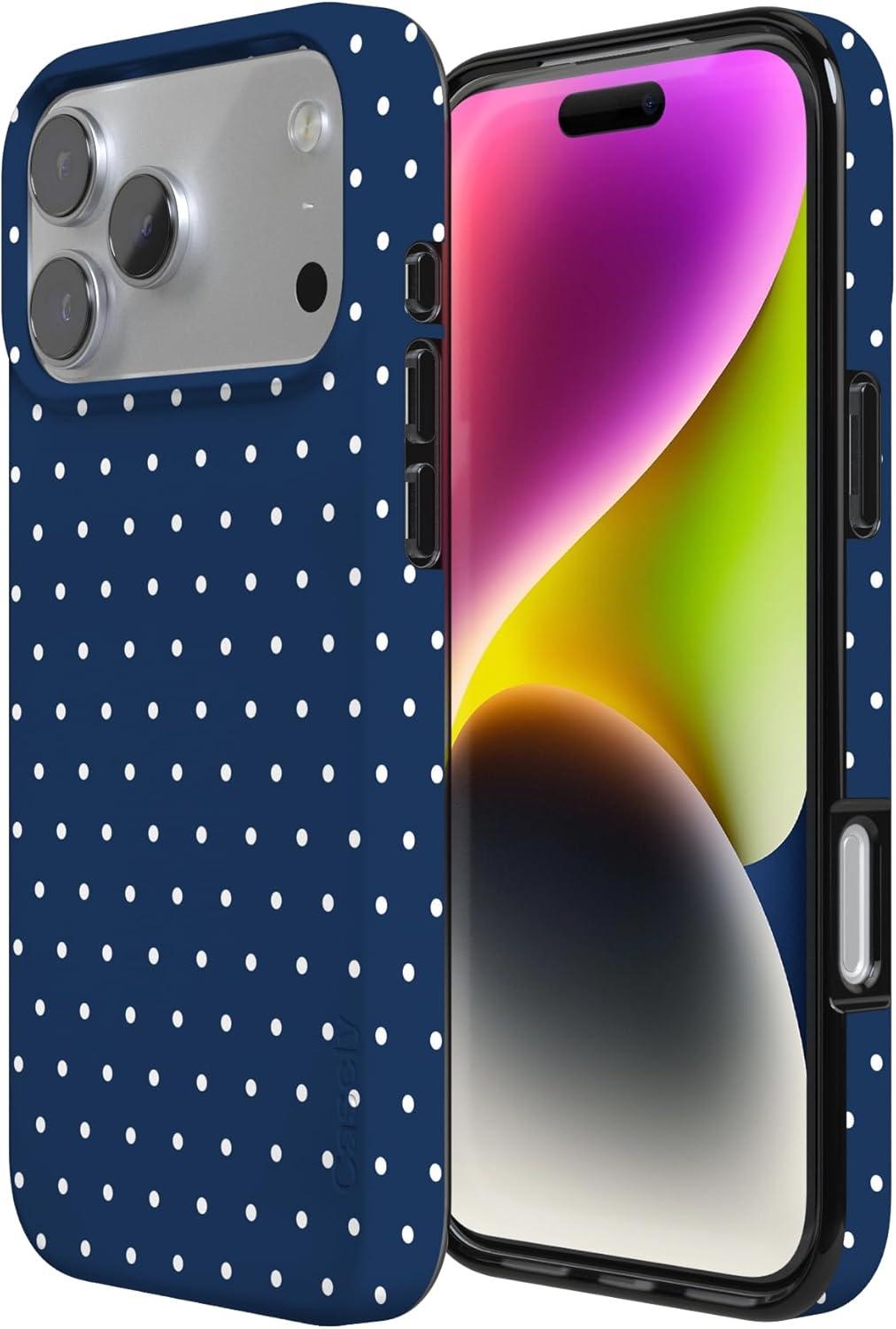 imageCasely iPhone 17 Pro Max Case  Field of Flowers  Pastel Floral  Compatible with MagSafe  Classic Ultra Slim DesignOn the Dot  Navy Polka Dot