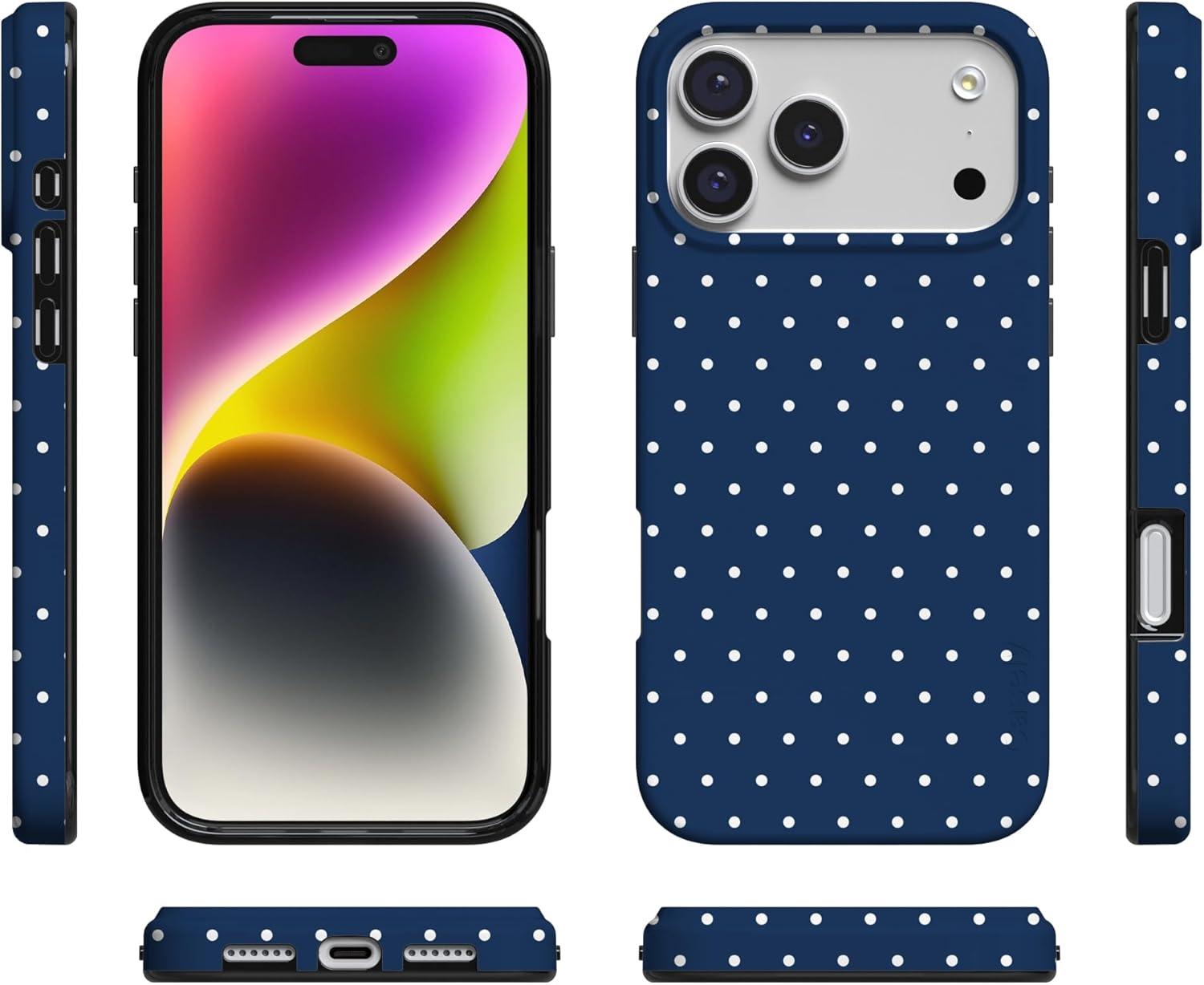 imageCasely iPhone 17 Pro Max Case  Field of Flowers  Pastel Floral  Compatible with MagSafe  Classic Ultra Slim DesignOn the Dot  Navy Polka Dot