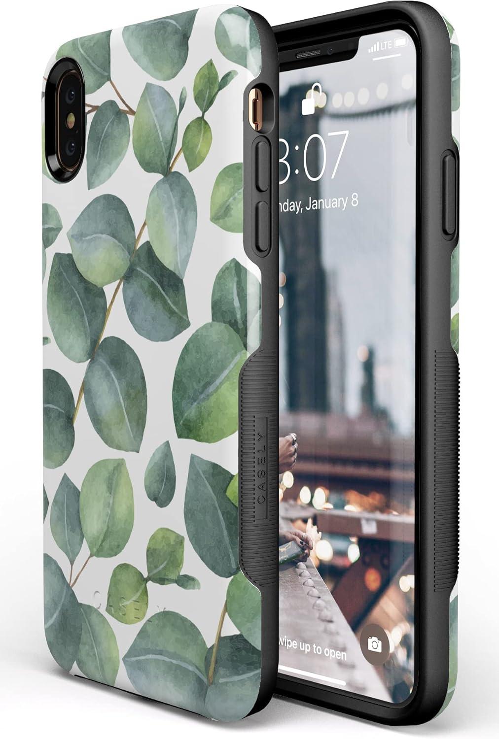 imageCasely iPhone Xs Max Case  Purple Taupe on Nude  Bold Protective DesignLeaf Me Alone  Green Floral Print