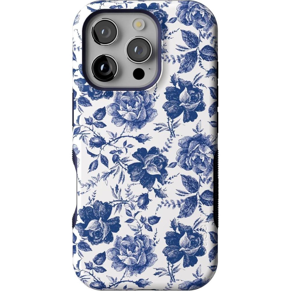 imageCasely iPhone 16 Pro Case  Ride The Wave  Pastel Rainbow Lined  Compatible with MagSafe  Bold Protective DesignRose to Fame  Blue  White Rose Floral