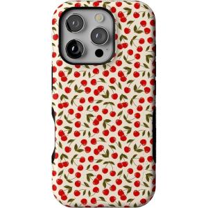 Casely iPhone 16 Pro Case | Ride The Wave | Pastel Rainbow Lined | Compatible with MagSafe | Bold Protective Design(Cherry on Top | Red Cherries Floral)