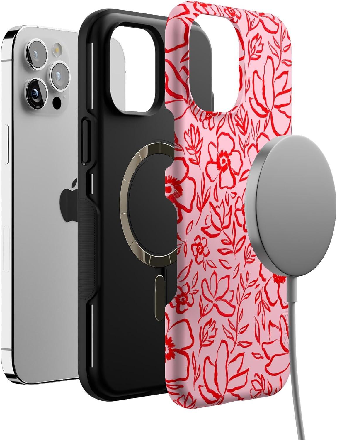 imageCasely iPhone 12 Pro Max Case Mystic Meadow Green Gardens Bold Protective Design MagSafe Compatible DesignBlush Garden Floral Doodle