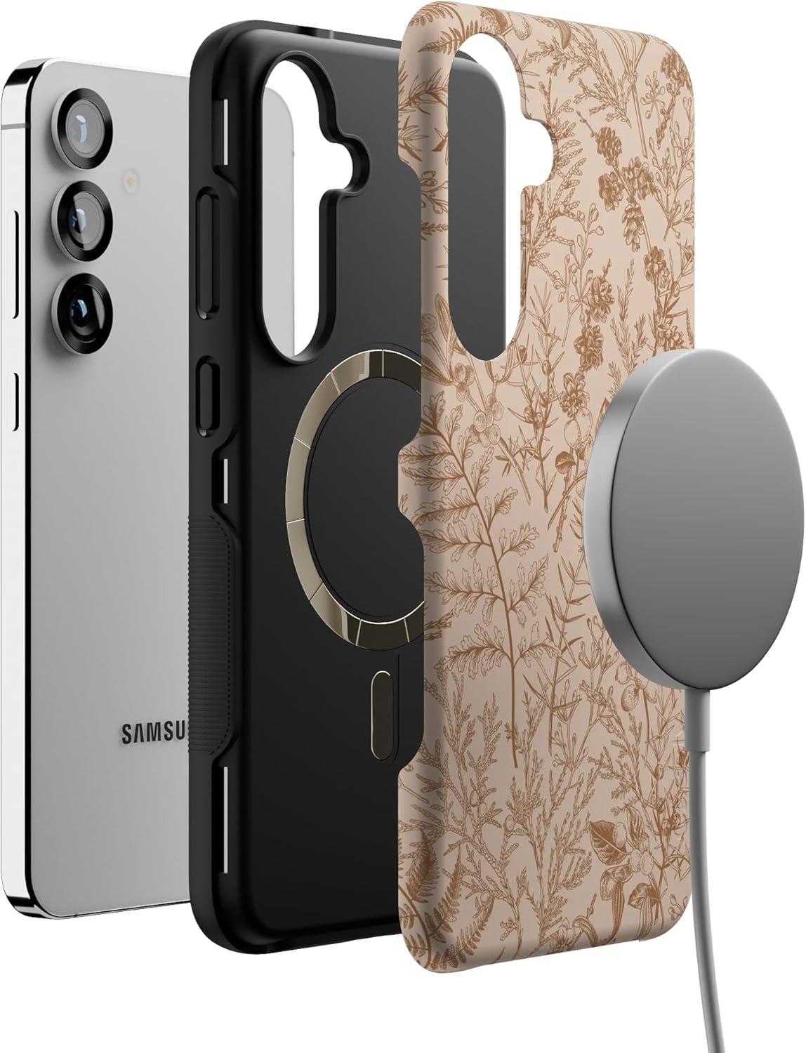 imageCasely Galaxy S25 Plus Case Lucky You Shamrock Bold Protective Design Compatible with MagSafeBeige Garden Neutral Floral