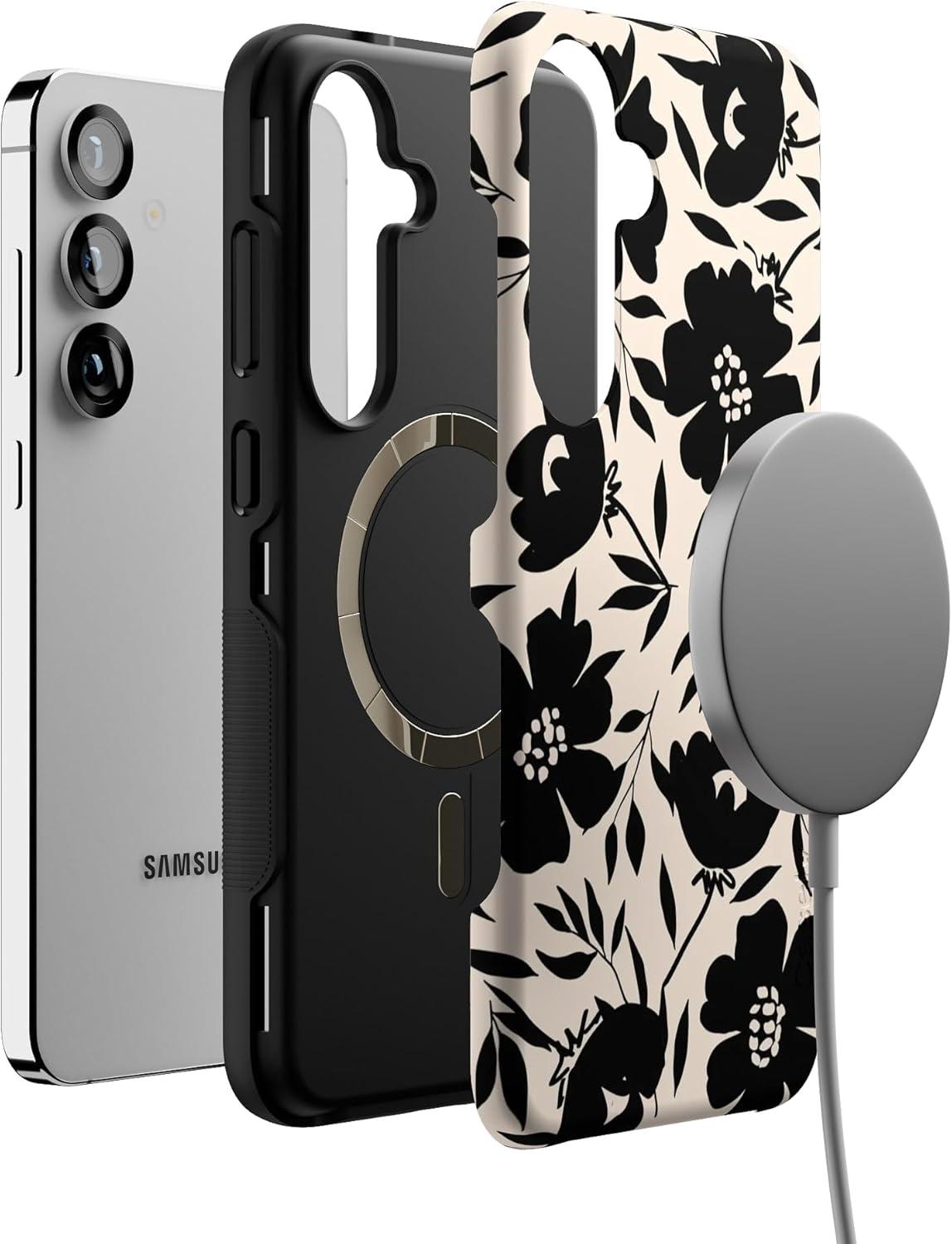 imageCasely Galaxy S25 Plus Case Lucky You Shamrock Bold Protective Design Compatible with MagSafeDark Fantasy Contrast Floral