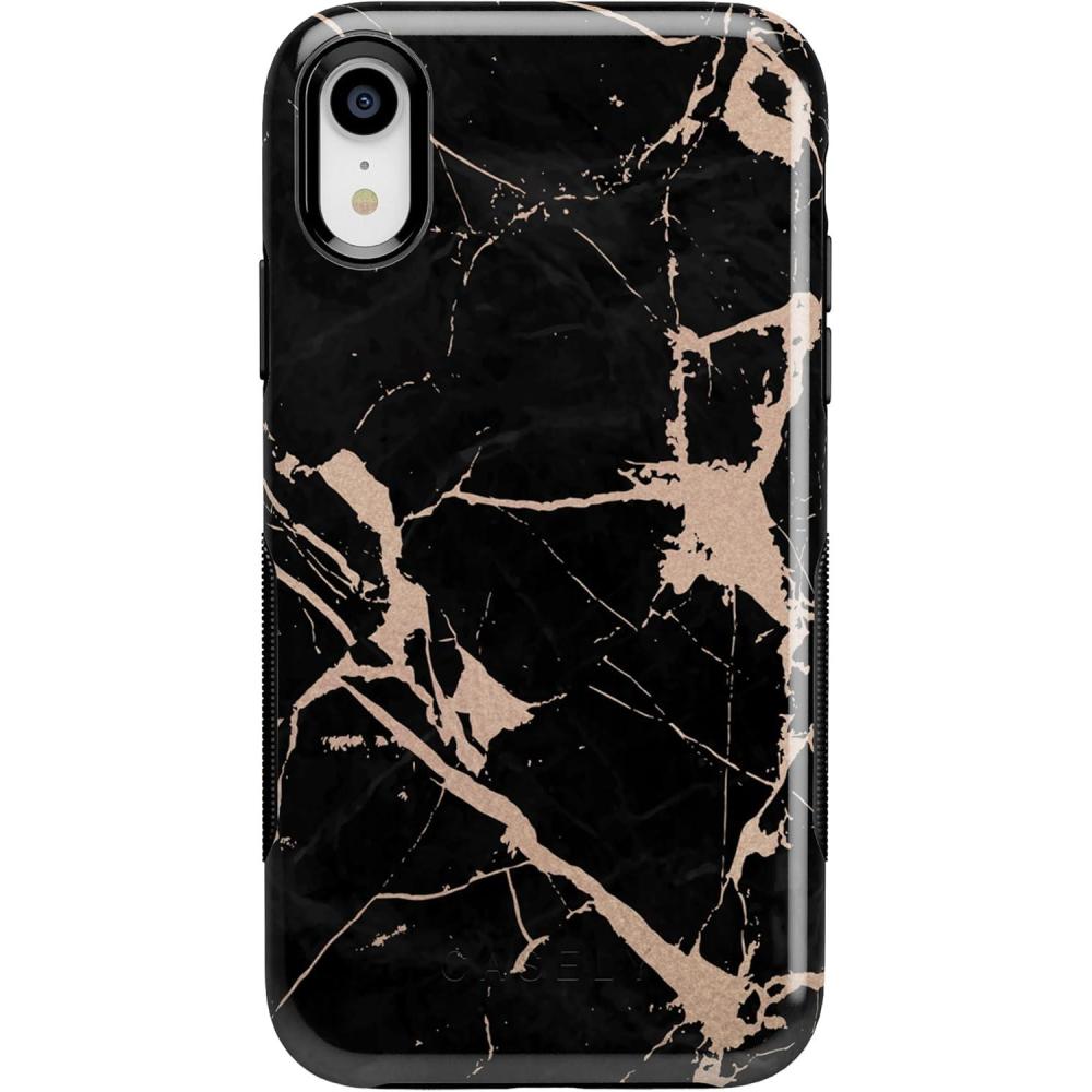 imageCasely iPhone XR Case  Goth Girlie  Black Bows  Essential Slim DualLayer Protective DesignHidden Gem  Rose Gold and Black Marble