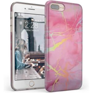 Casely iPhone 6/7/8 Plus Case | Something’s Fishy | Navy Blue & Yellow Fish Print | Classic Ultra Slim Design(Cute Pink Marble Holo)