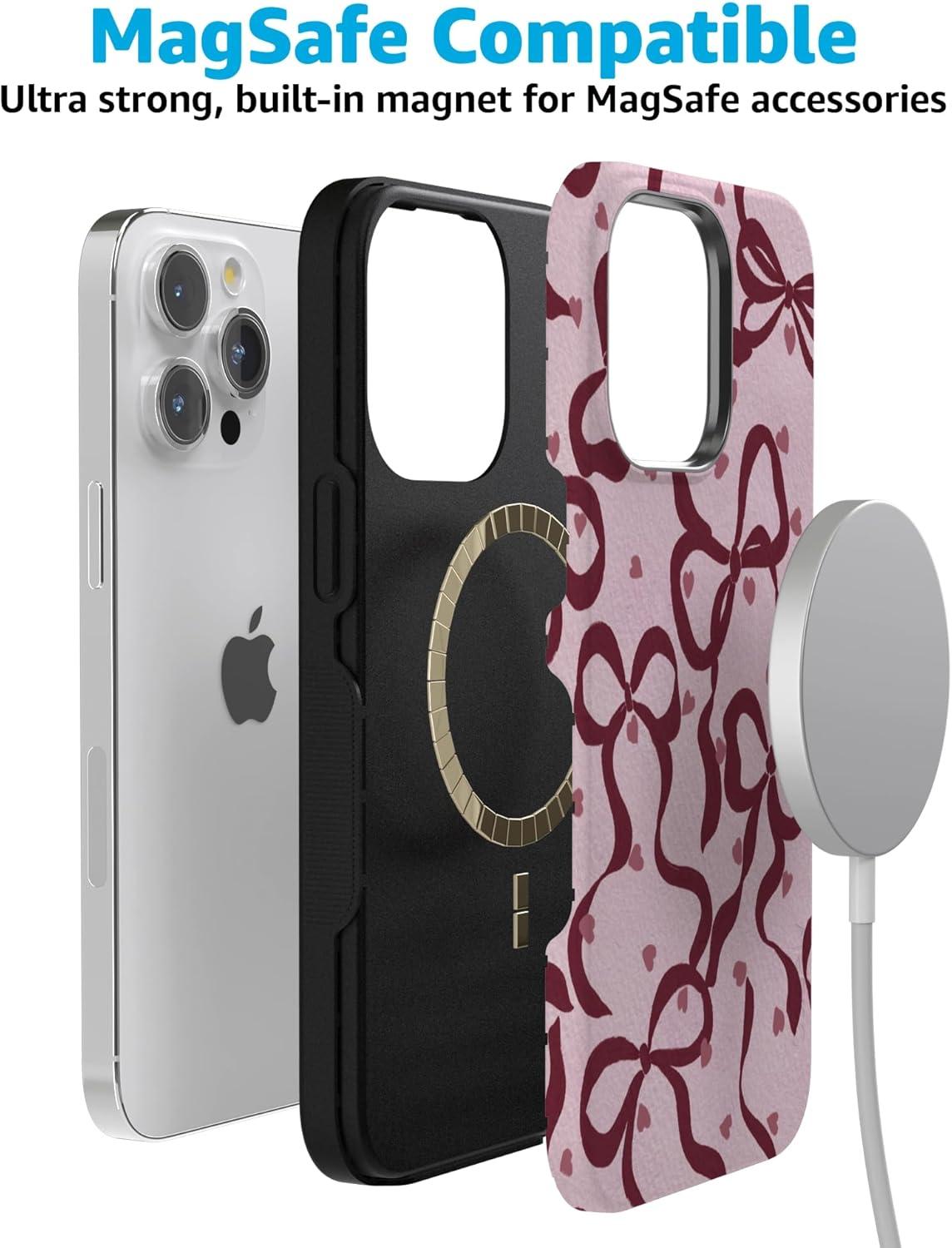 imageCasely iPhone 15 Pro Case Heart Noir Tiny Hearts Bold Protective Design MagSafe Compatible DesignCoquette Crush Bows