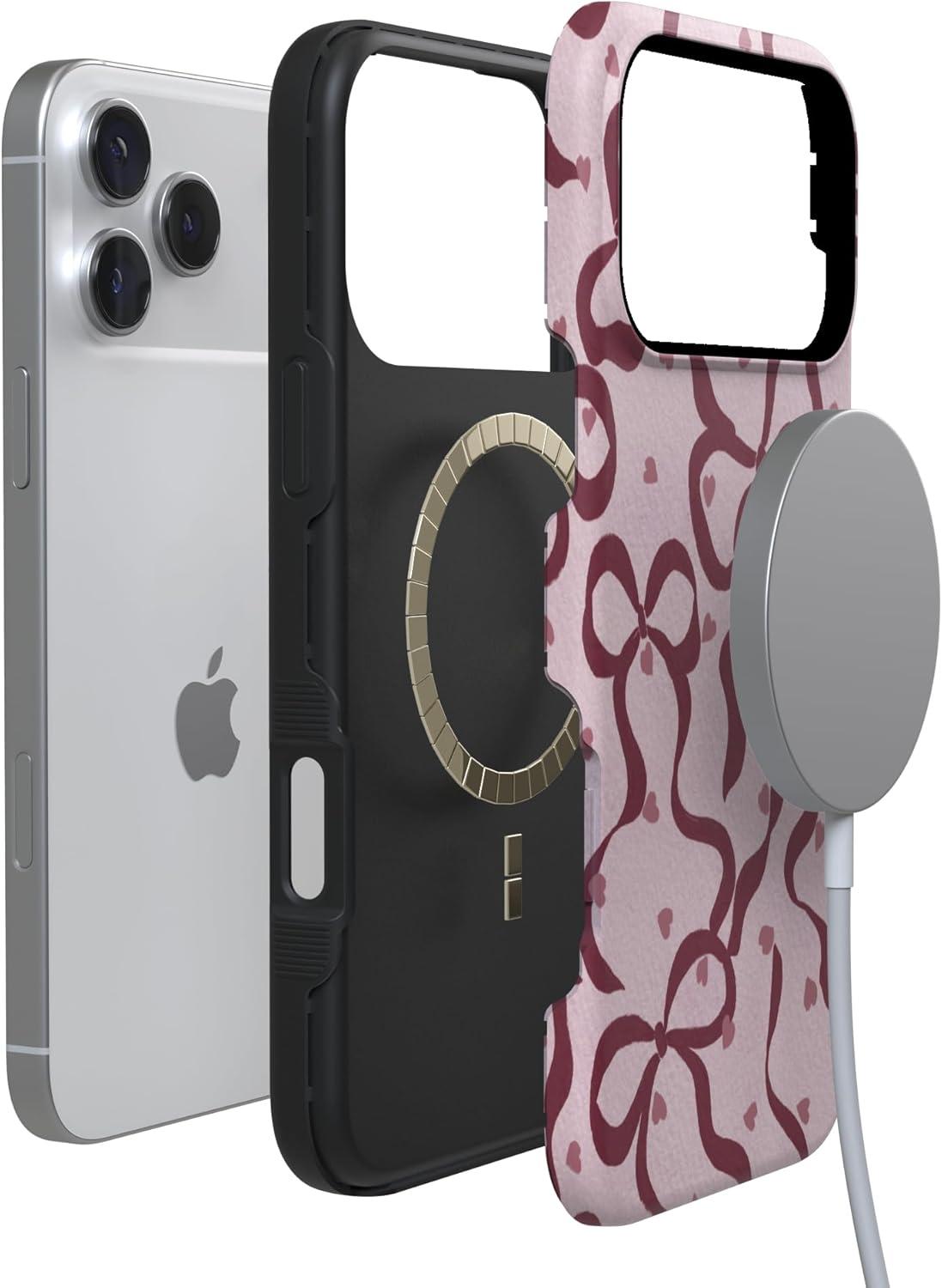 imageCasely iPhone 15 Pro Case Heart Noir Tiny Hearts Bold Protective Design MagSafe Compatible DesignCoquette Crush Bows