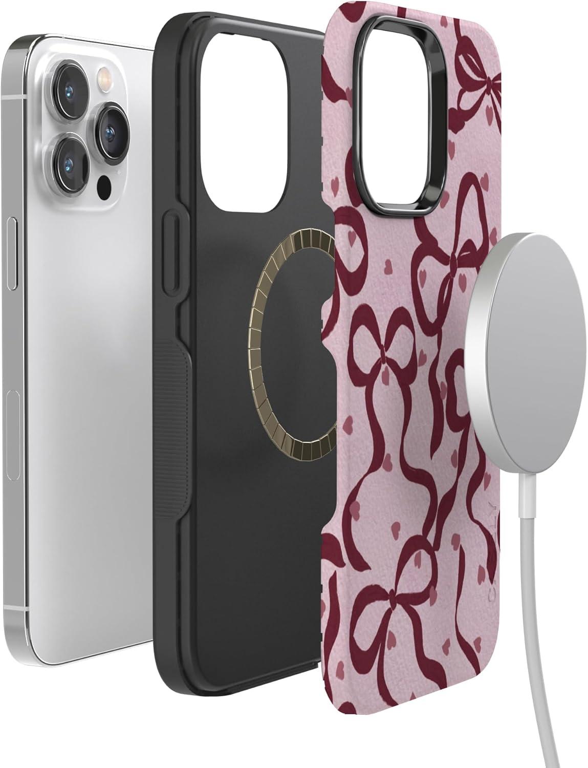 imageCasely iPhone 15 Pro Case Heart Noir Tiny Hearts Bold Protective Design MagSafe Compatible DesignCoquette Crush Bows