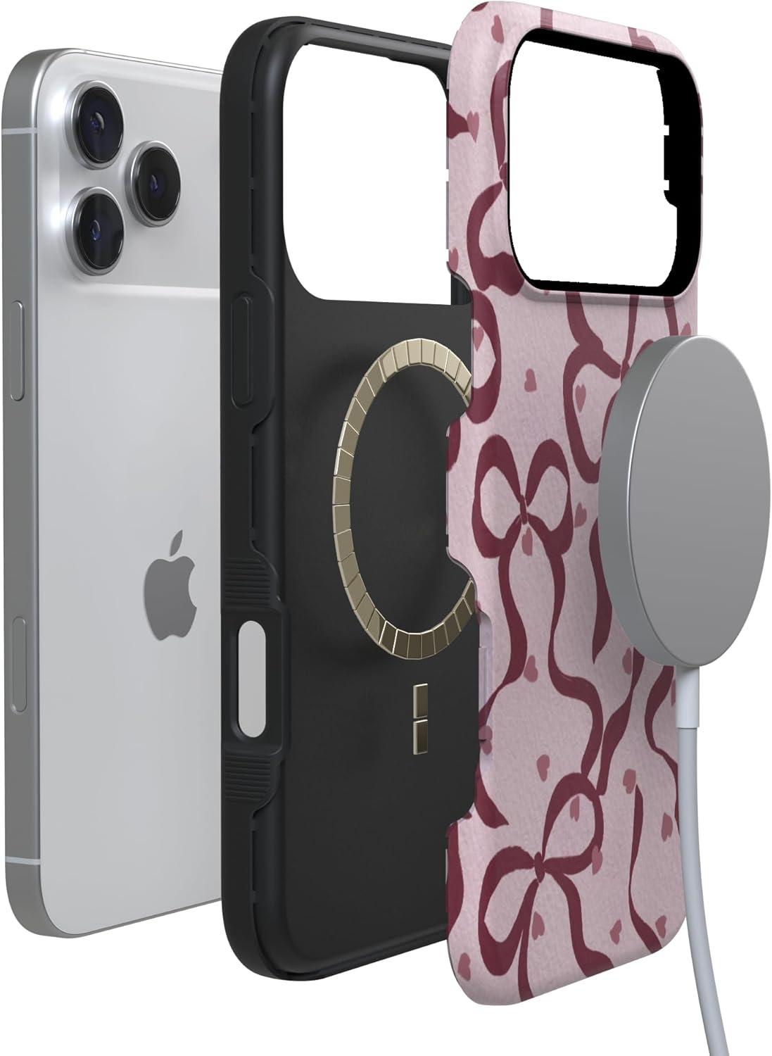 imageCasely iPhone 15 Pro Case Heart Noir Tiny Hearts Bold Protective Design MagSafe Compatible DesignCoquette Crush Bows