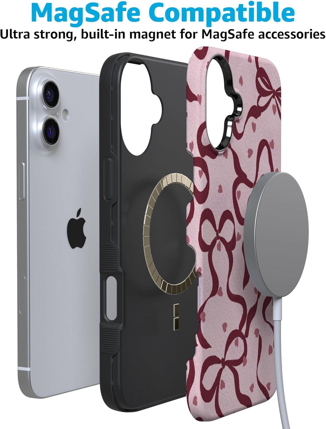 imageCasely iPhone 15 Pro Case Heart Noir Tiny Hearts Bold Protective Design MagSafe Compatible DesignCoquette Crush Bows