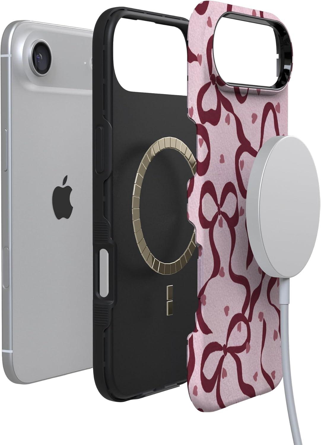 imageCasely iPhone 15 Pro Case Heart Noir Tiny Hearts Bold Protective Design MagSafe Compatible DesignCoquette Crush Bows