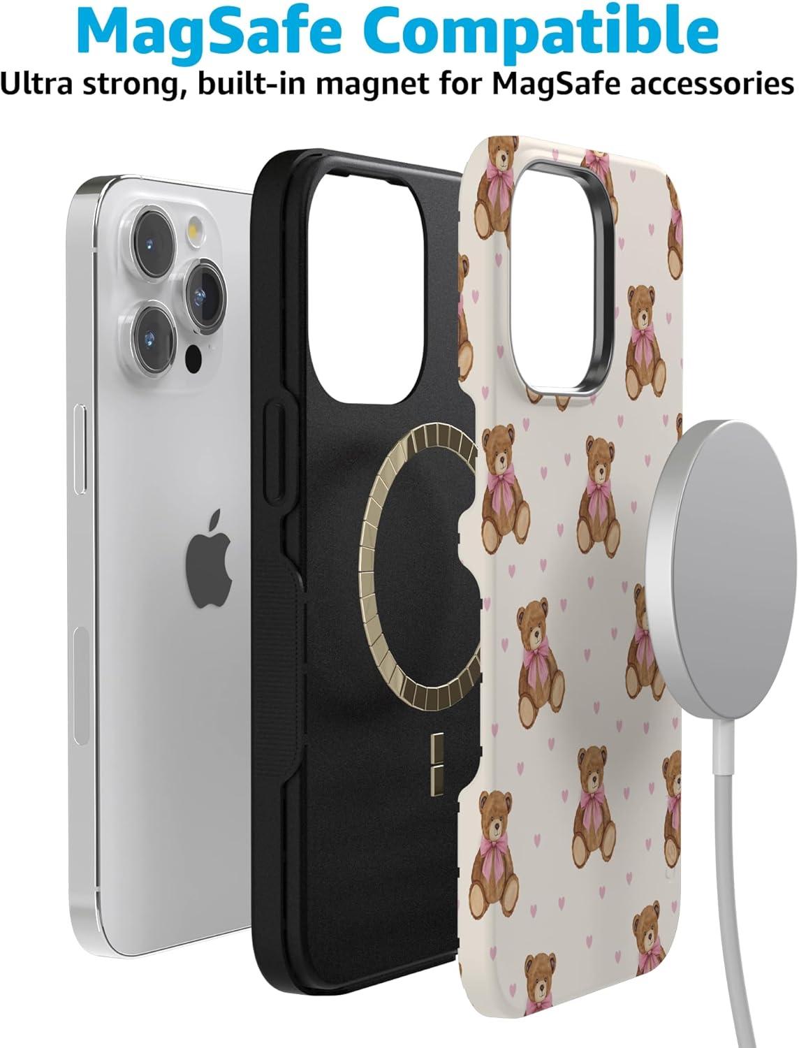 imageCasely iPhone 15 Pro Case Heart Noir Tiny Hearts Bold Protective Design MagSafe Compatible DesignCuddle Club Teddy Bear