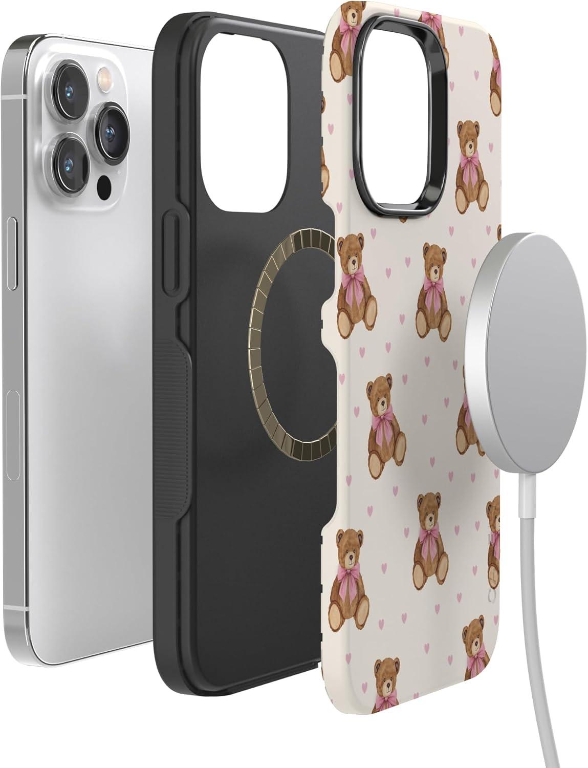 imageCasely iPhone 15 Pro Case Heart Noir Tiny Hearts Bold Protective Design MagSafe Compatible DesignCuddle Club Teddy Bear